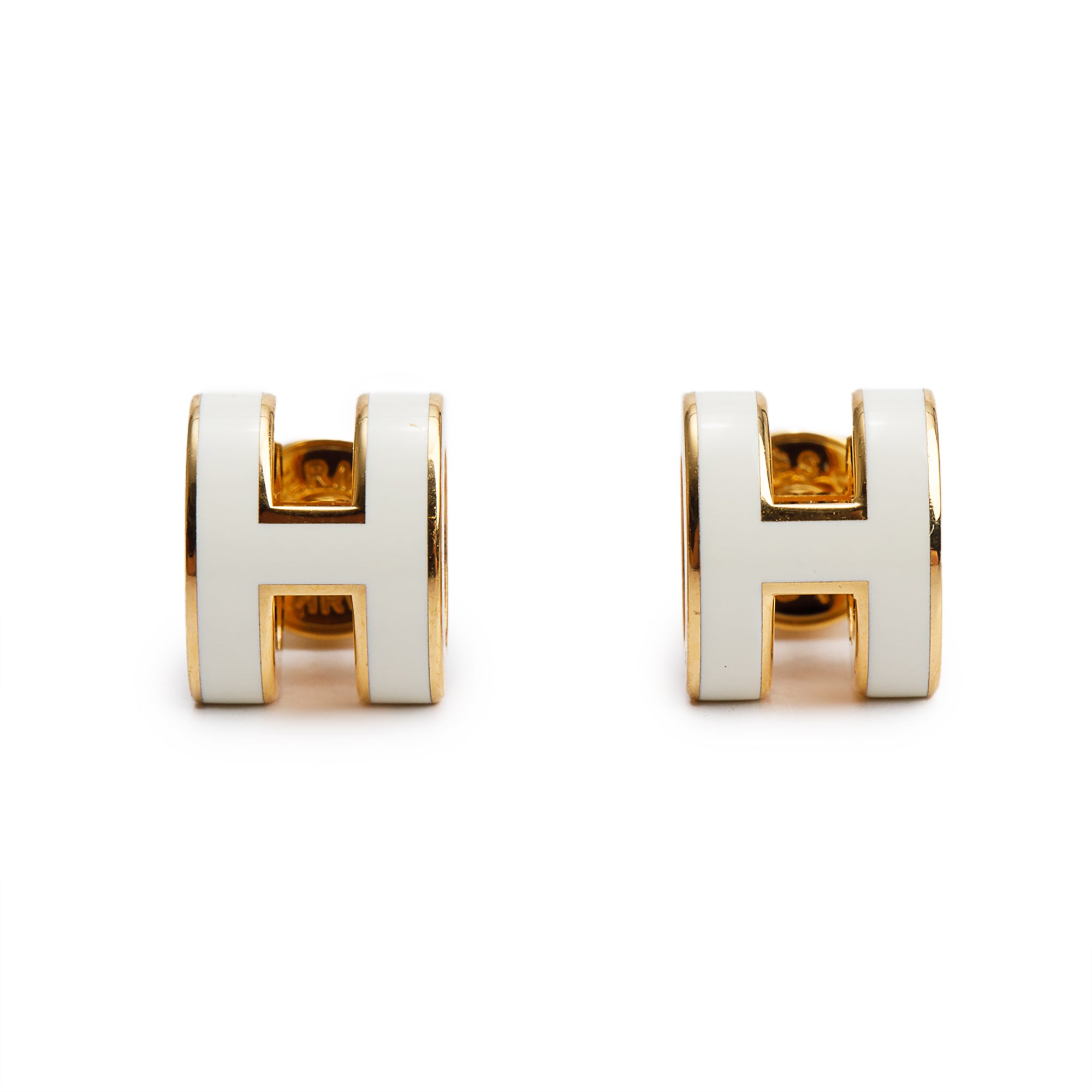 Hermes Gold Plated White Lacquered Mini Pop H Earrings w/ Box
