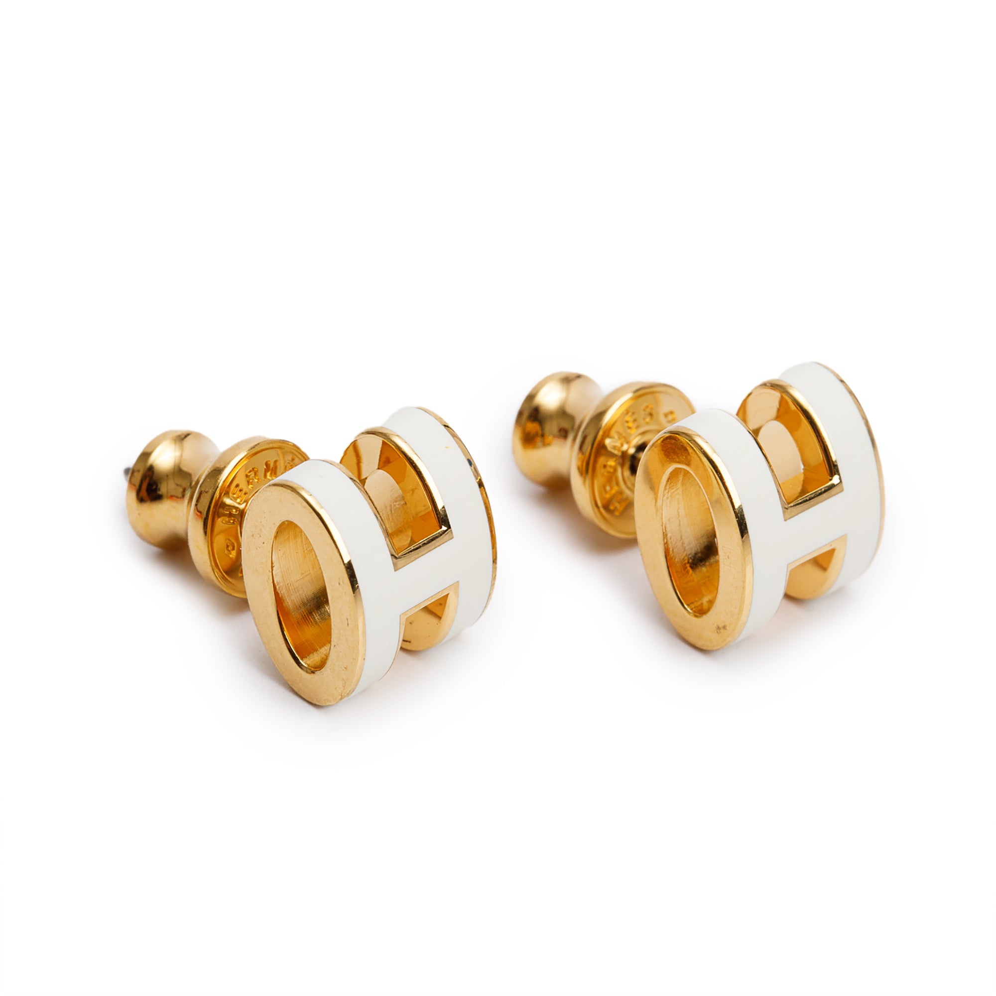 Hermes Gold Plated White Lacquered Mini Pop H Earrings w/ Box