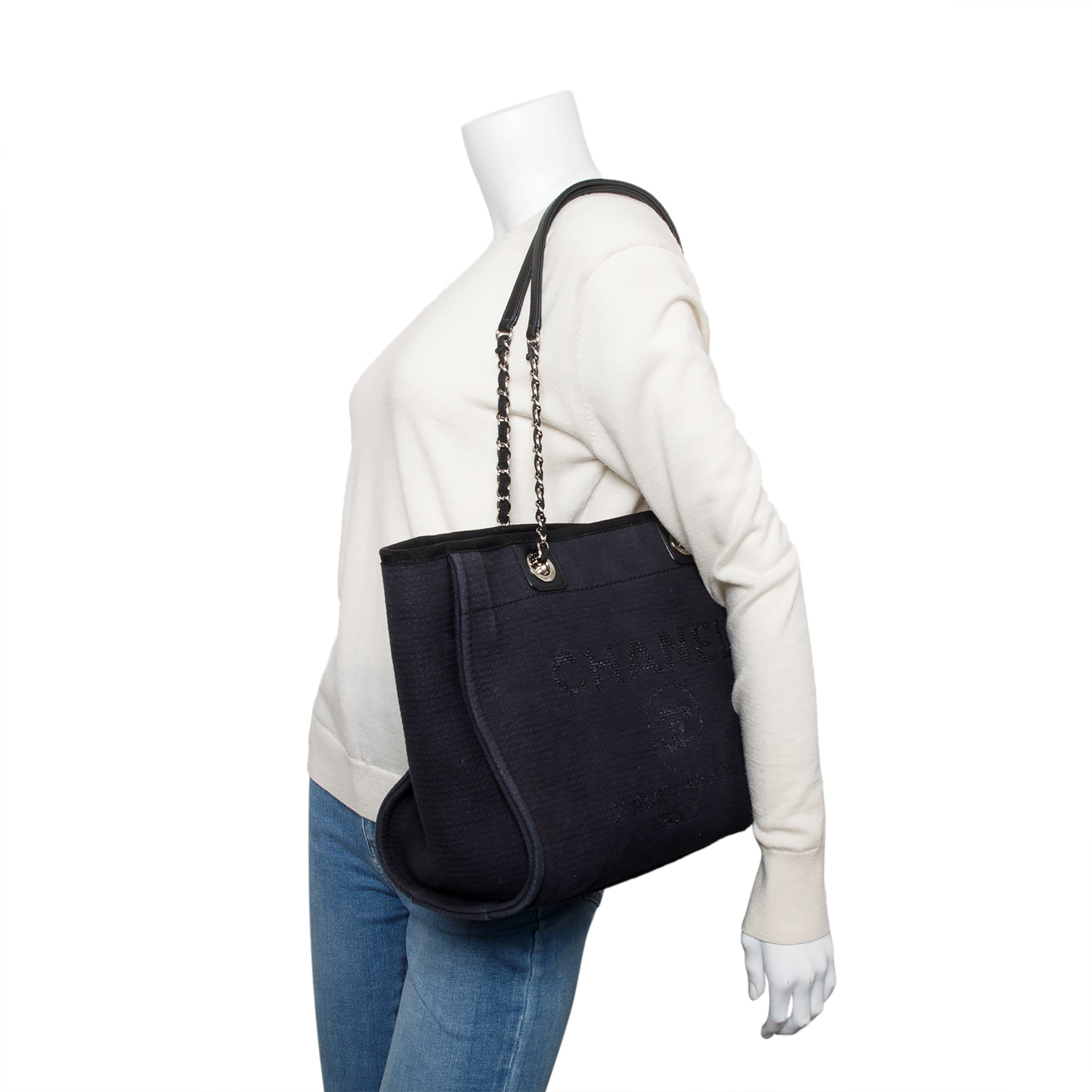 Chanel 2022 Navy Mixed Fibers Small Deauville Tote w/ Pouch