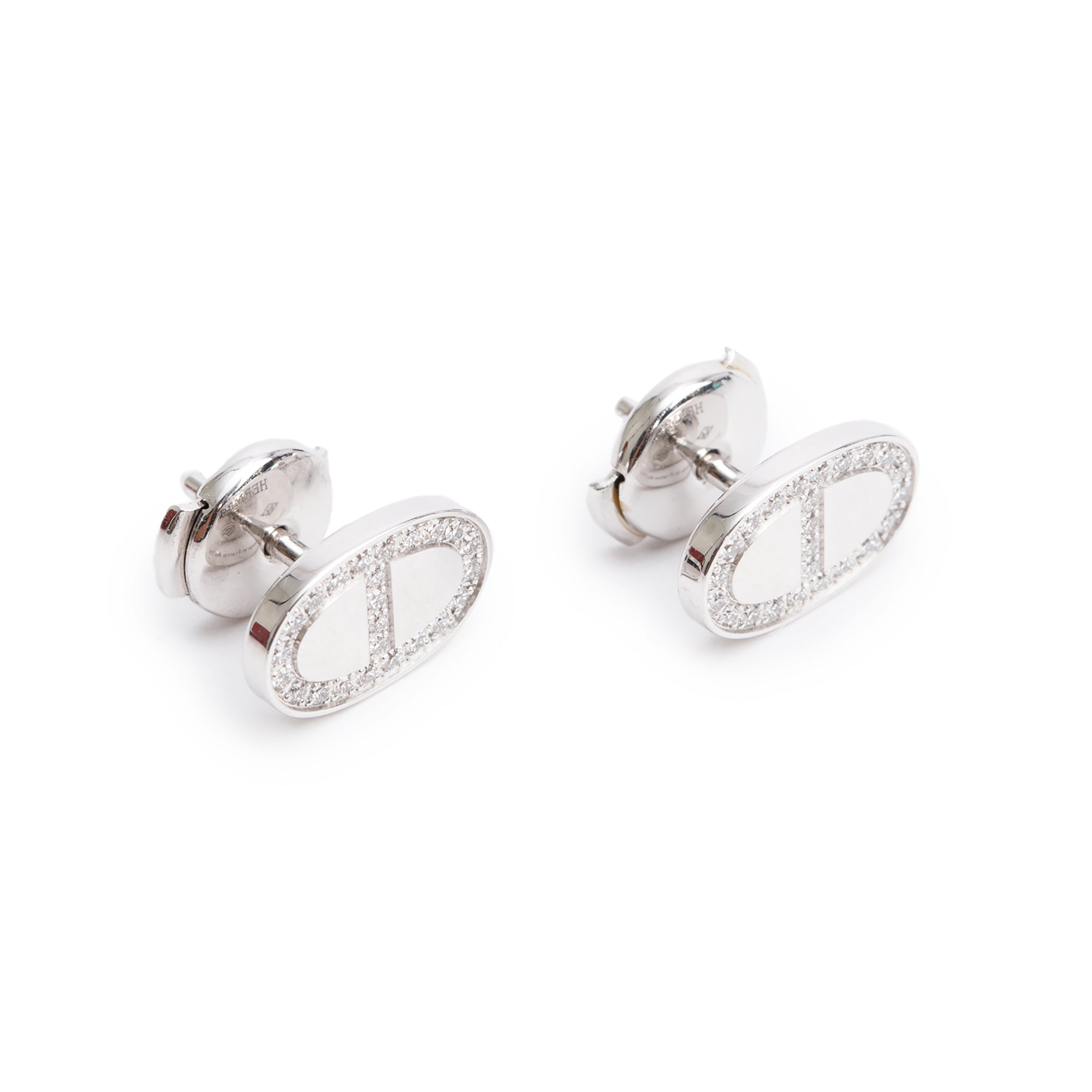 Hermes 18k White Gold Diamond Chaine D'Ancre Contour Stud Earrings w/ Box