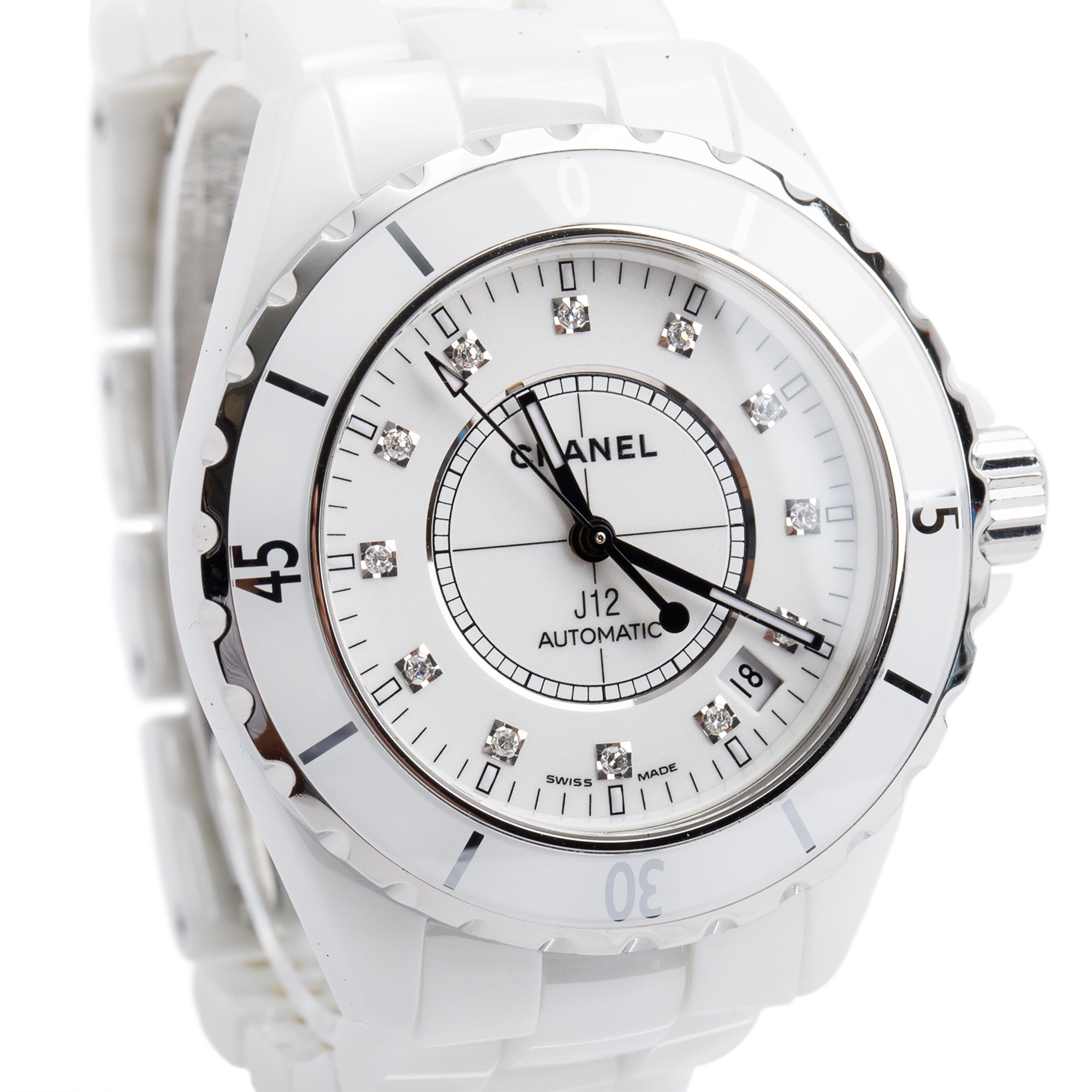 Chanel White Ceramic J12 38 MM Automatic Watch Diamond Dial w/ Box
