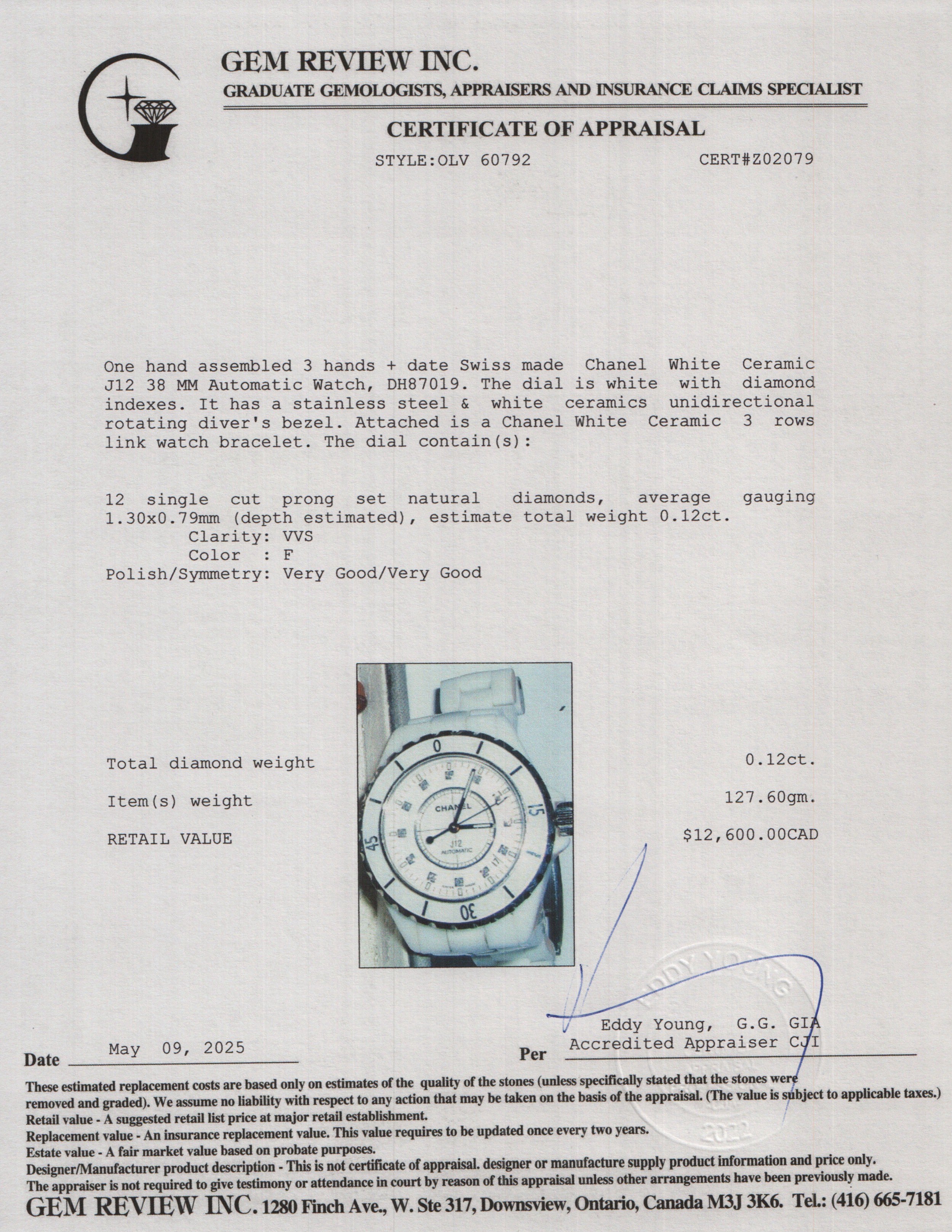 Chanel White Ceramic J12 38 MM Automatic Watch Diamond Dial w/ Box