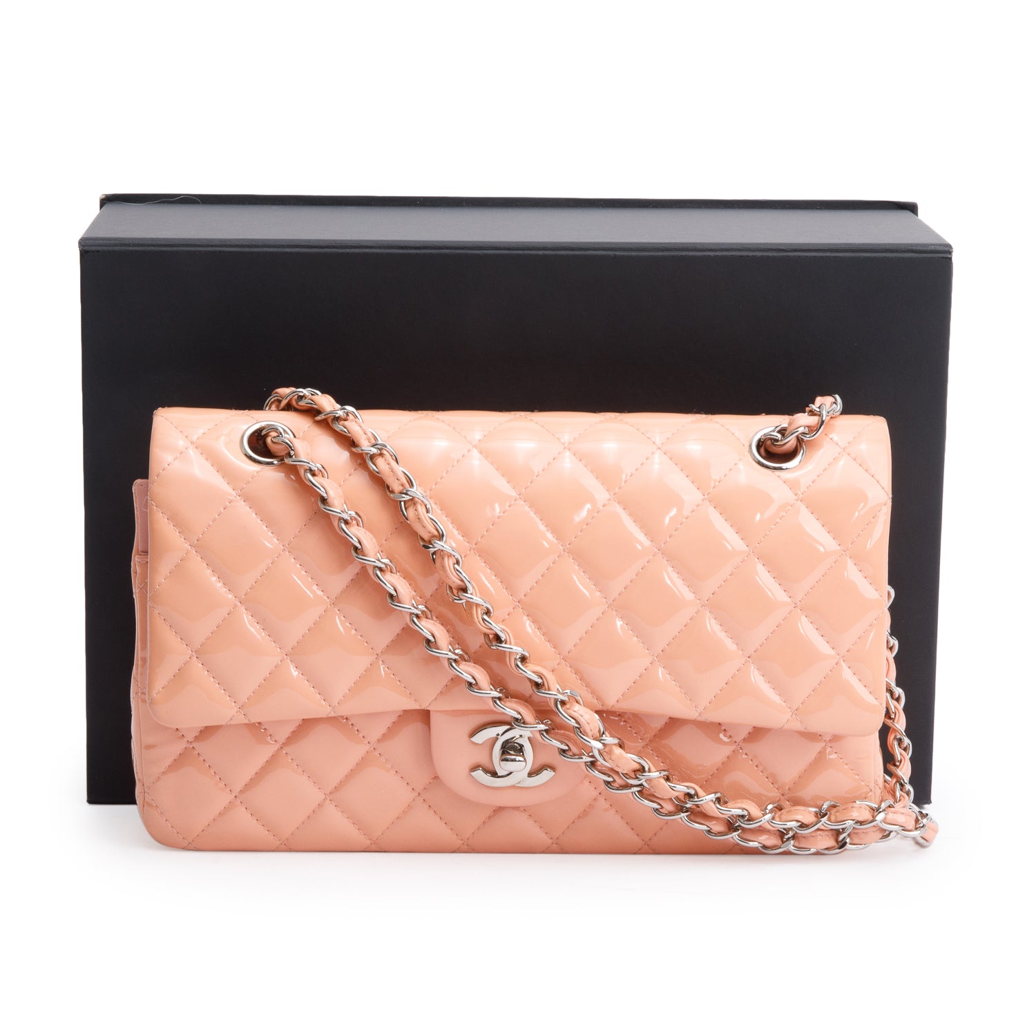 Chanel Peach Quilted Patent Leather Classic Medium Double Flap Bag w/ Box