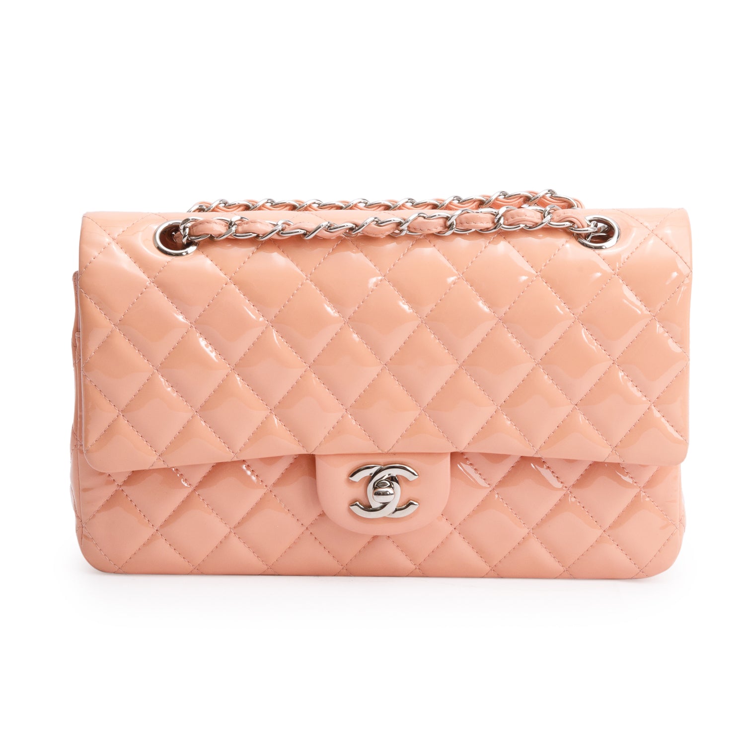 Chanel Peach Quilted Patent Leather Classic Medium Double Flap Bag w/ Box