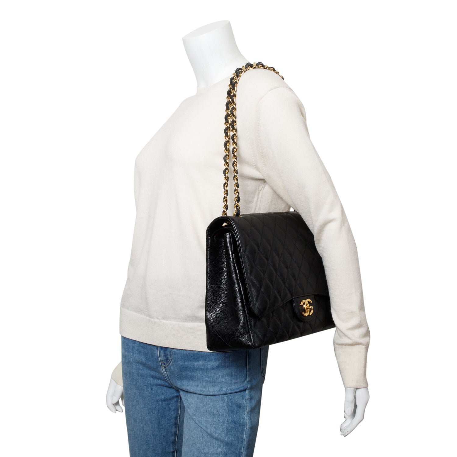 Chanel Black Quilted Caviar Leather Classic Maxi Double Flap Bag w/ Authenticity Card