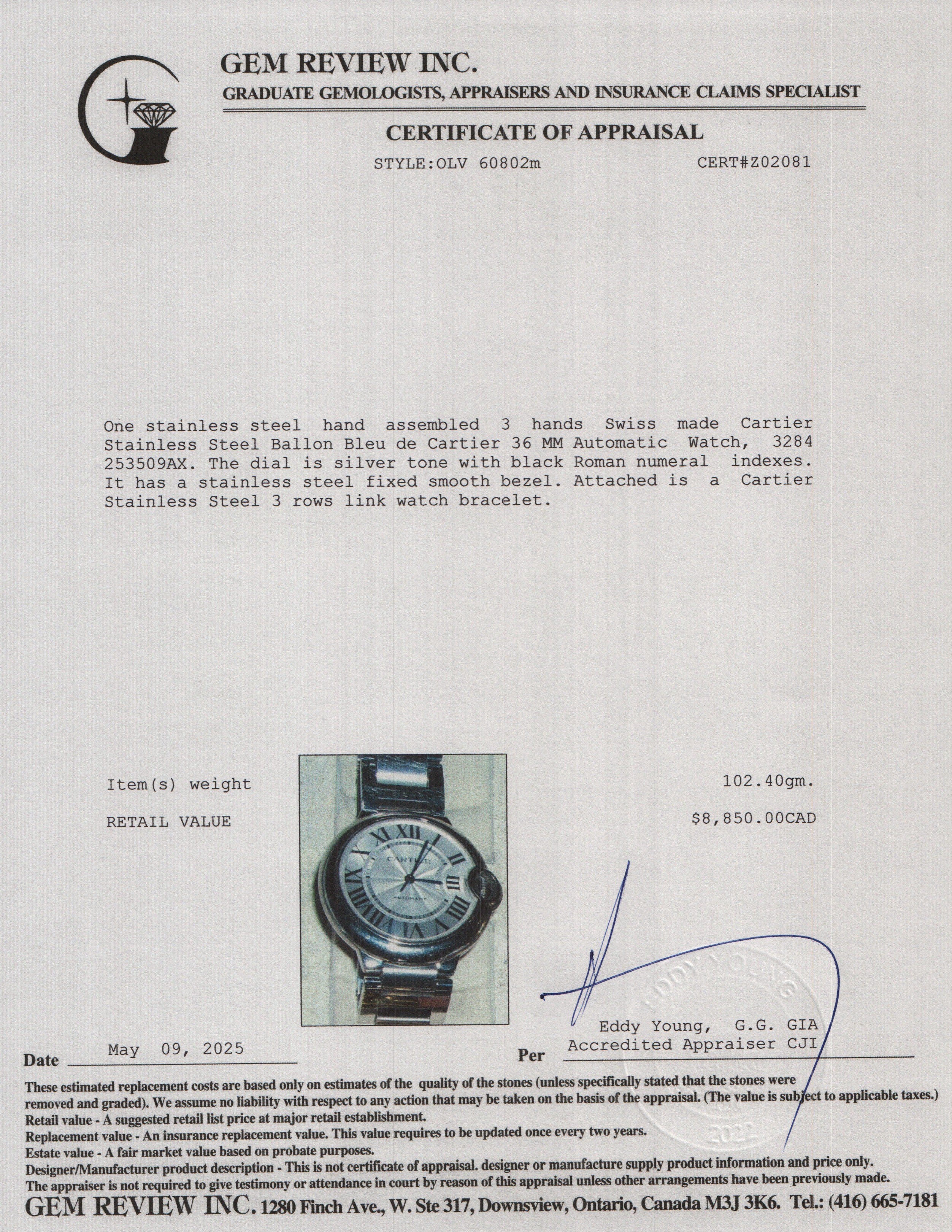 Cartier Stainless Steel Ballon Bleu de Cartier 36 MM Automatic Watch 3284