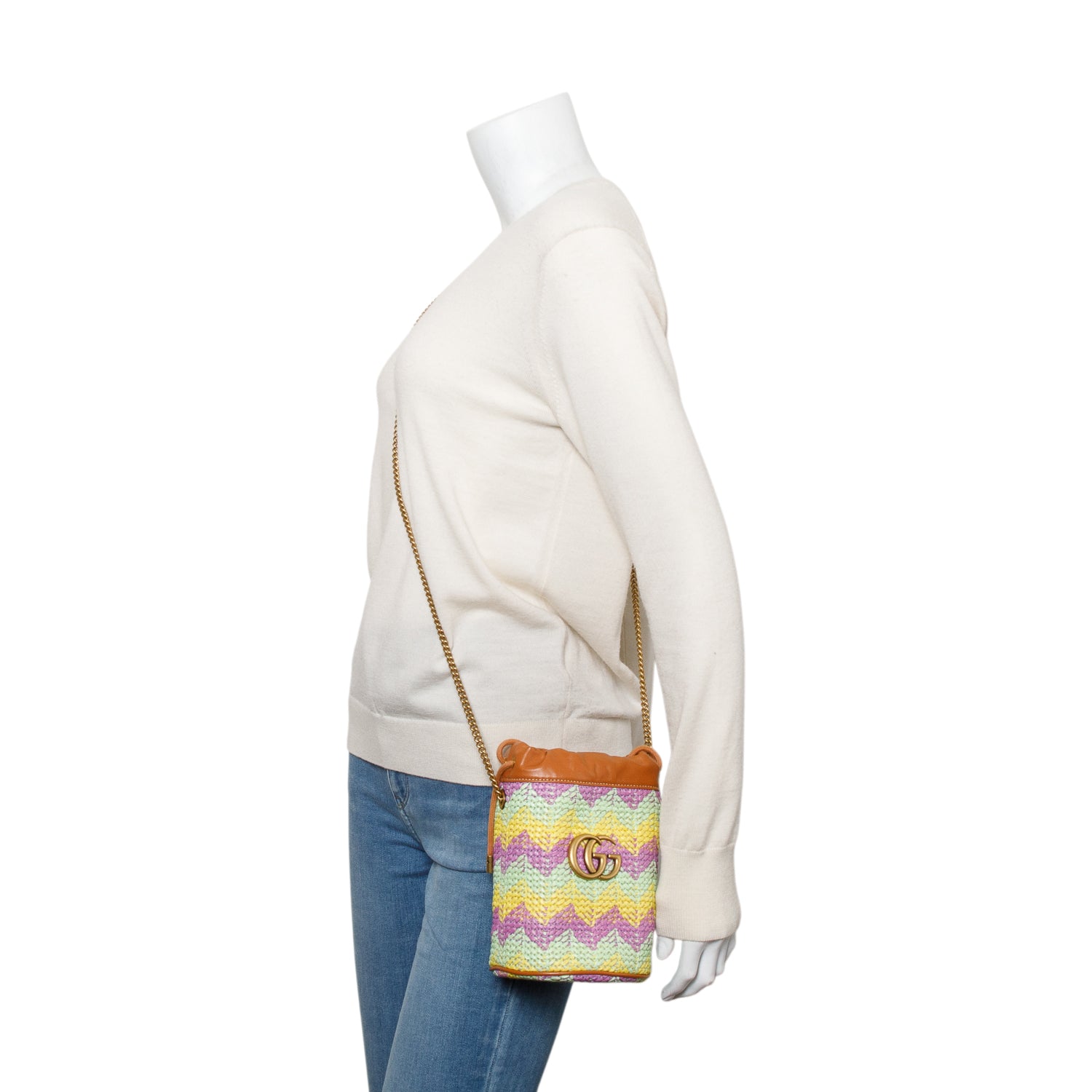 Gucci Brown Leather Multicolor Chevron Knit Raffia GG Marmont Mini Bucket Bag