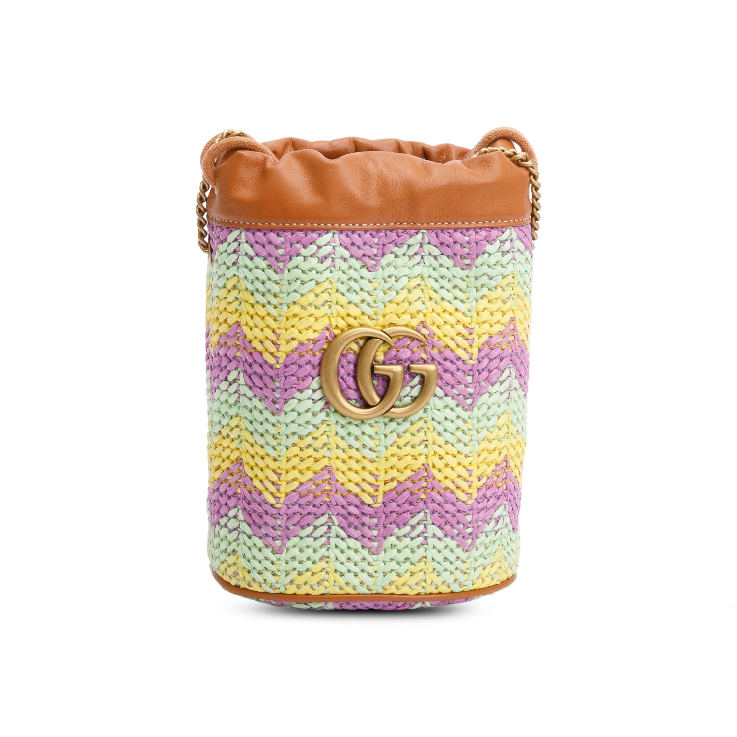 Gucci Brown Leather Multicolor Chevron Knit Raffia GG Marmont Mini Bucket Bag