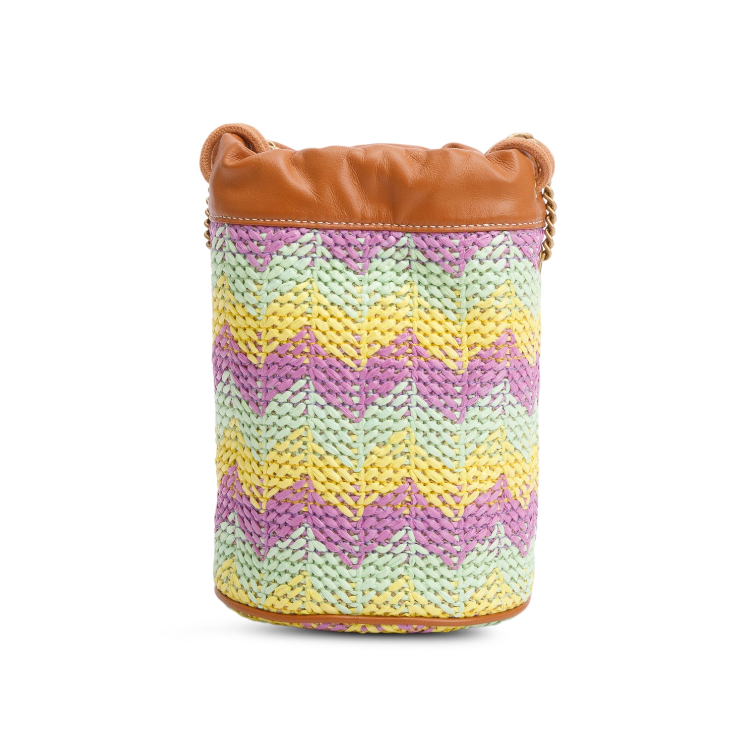 Gucci Brown Leather Multicolor Chevron Knit Raffia GG Marmont Mini Bucket Bag