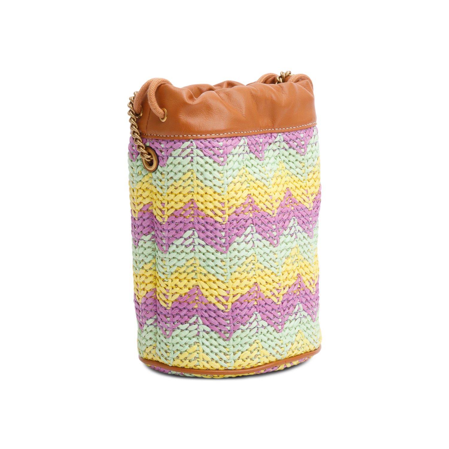 Gucci Brown Leather Multicolor Chevron Knit Raffia GG Marmont Mini Bucket Bag