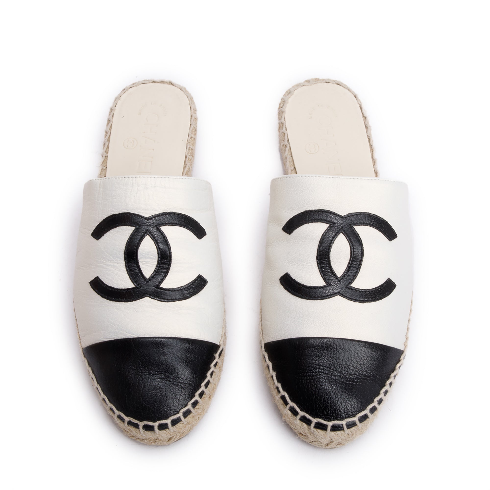 Chanel Black/ White Leather CC Logo Espadrille Mule, Size 38 w/ Box