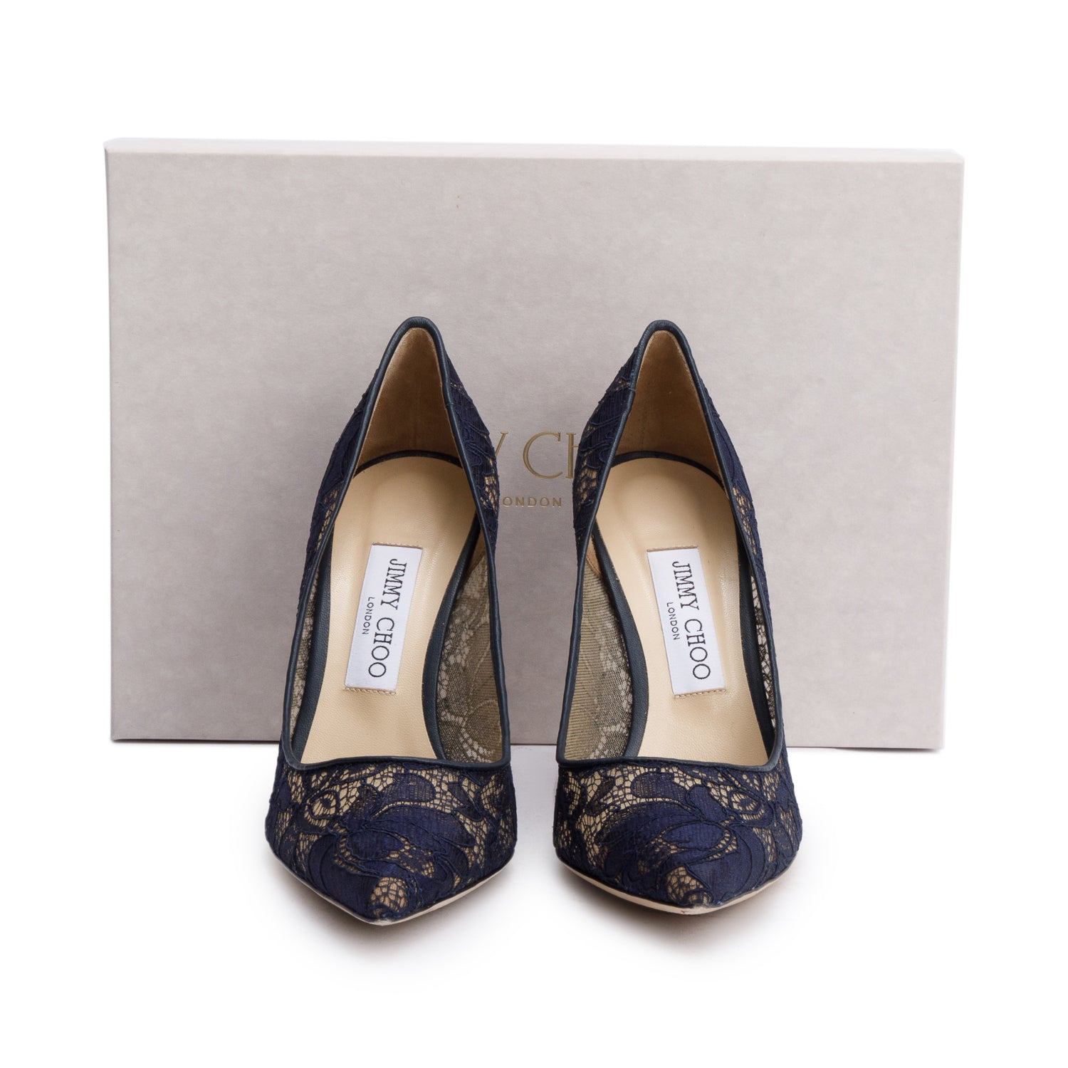 Jimmy Choo Navy Lace Abel Olac Pumps, Size 38 w/ Box