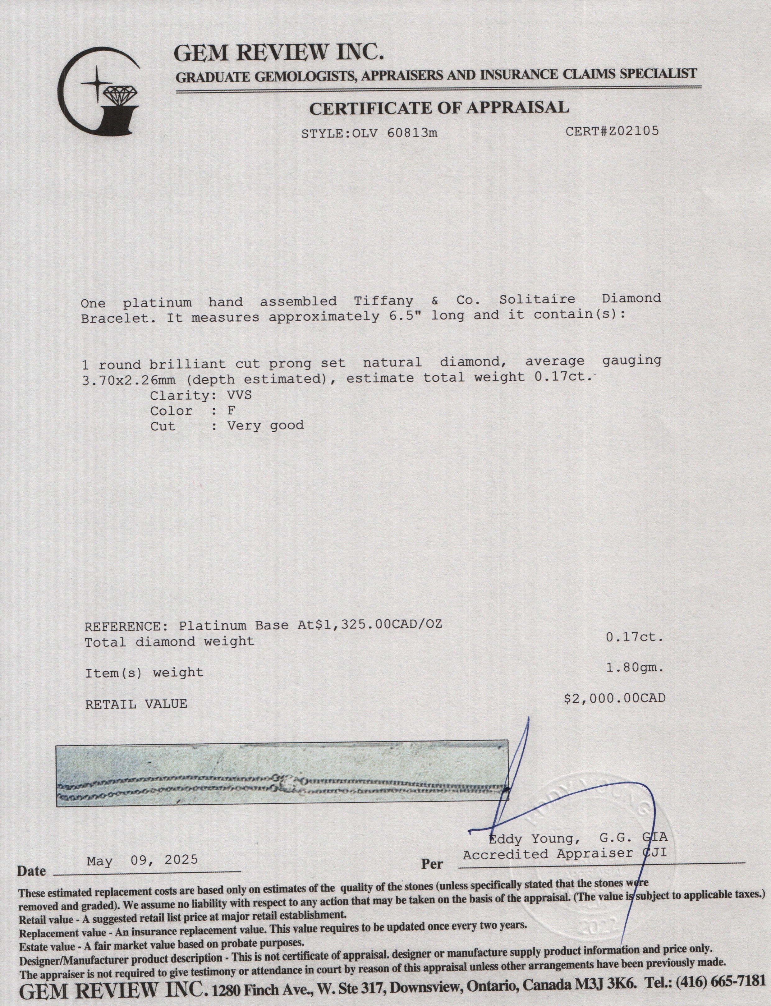 Tiffany & Co. Platinum Solitaire Diamond Bracelet w/ Box