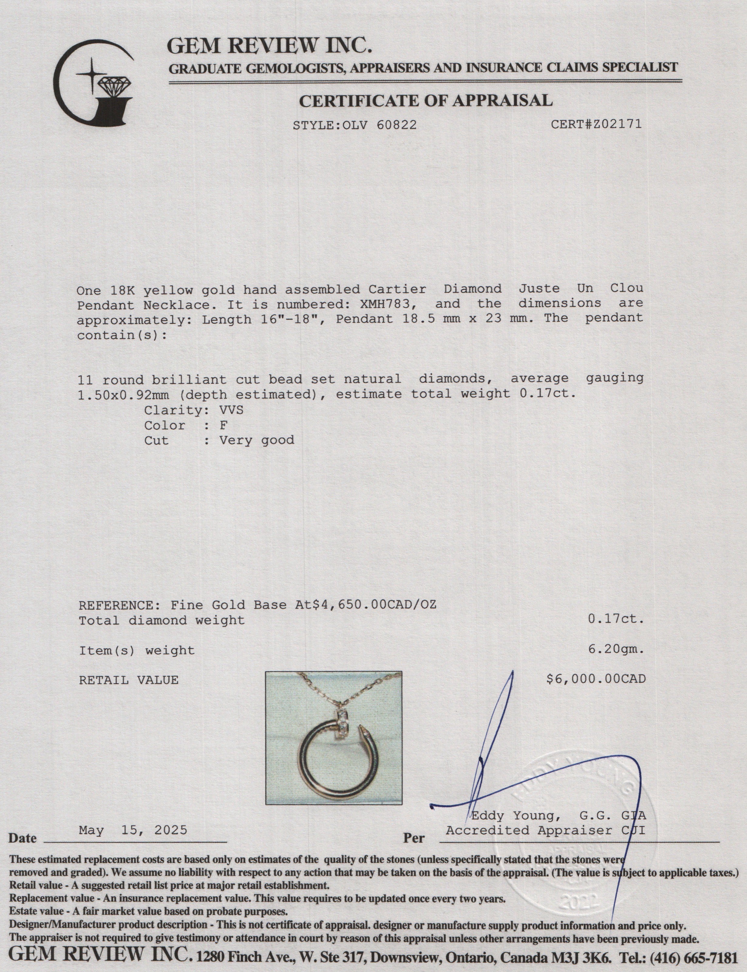 Cartier 2024 18k Yellow Gold Diamond Juste Un Clou Pendant Necklace w/ Box, Receipt & Certificate