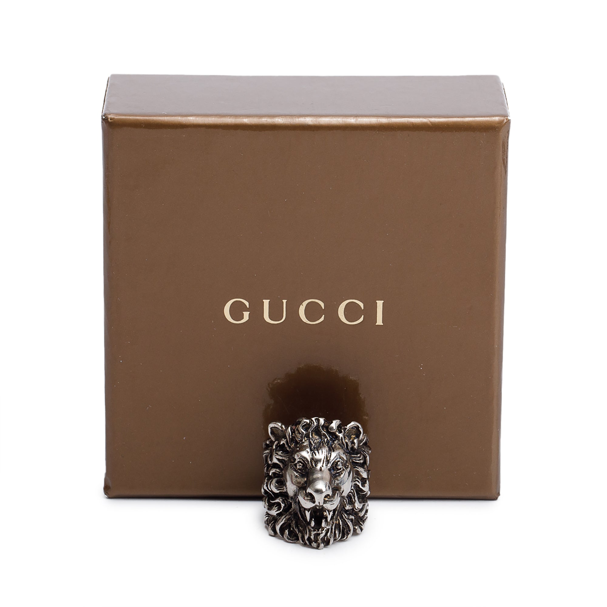 Gucci Aged Silver Plated Metal Lion Head Ring, Size 19 8.5 w/ Box