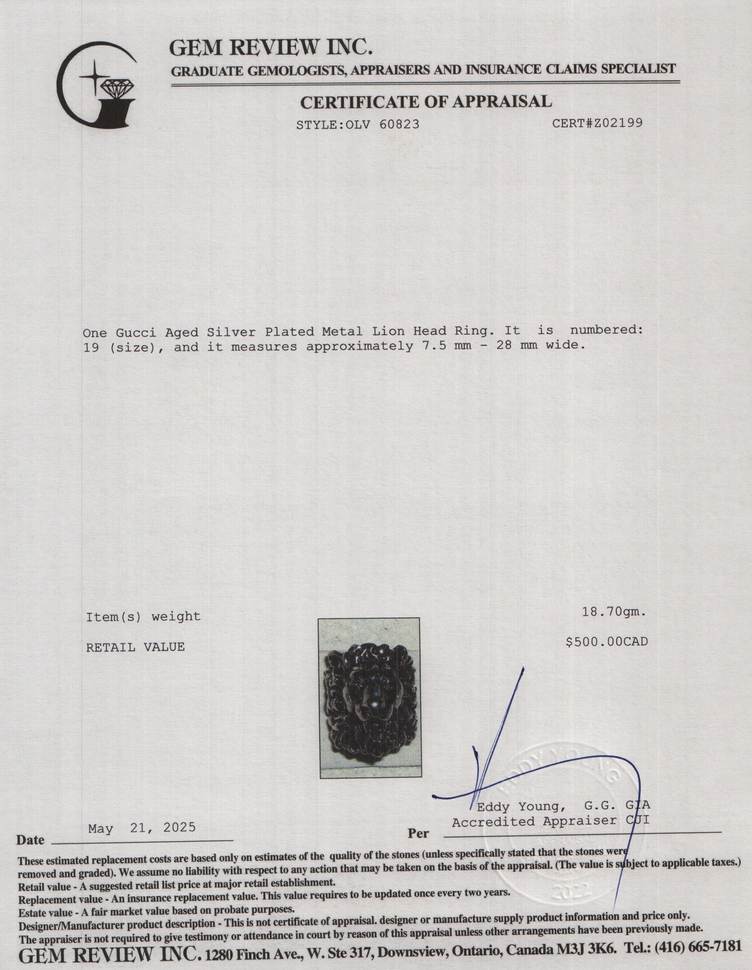 Gucci Aged Silver Plated Metal Lion Head Ring, Size 19 8.5 w/ Box