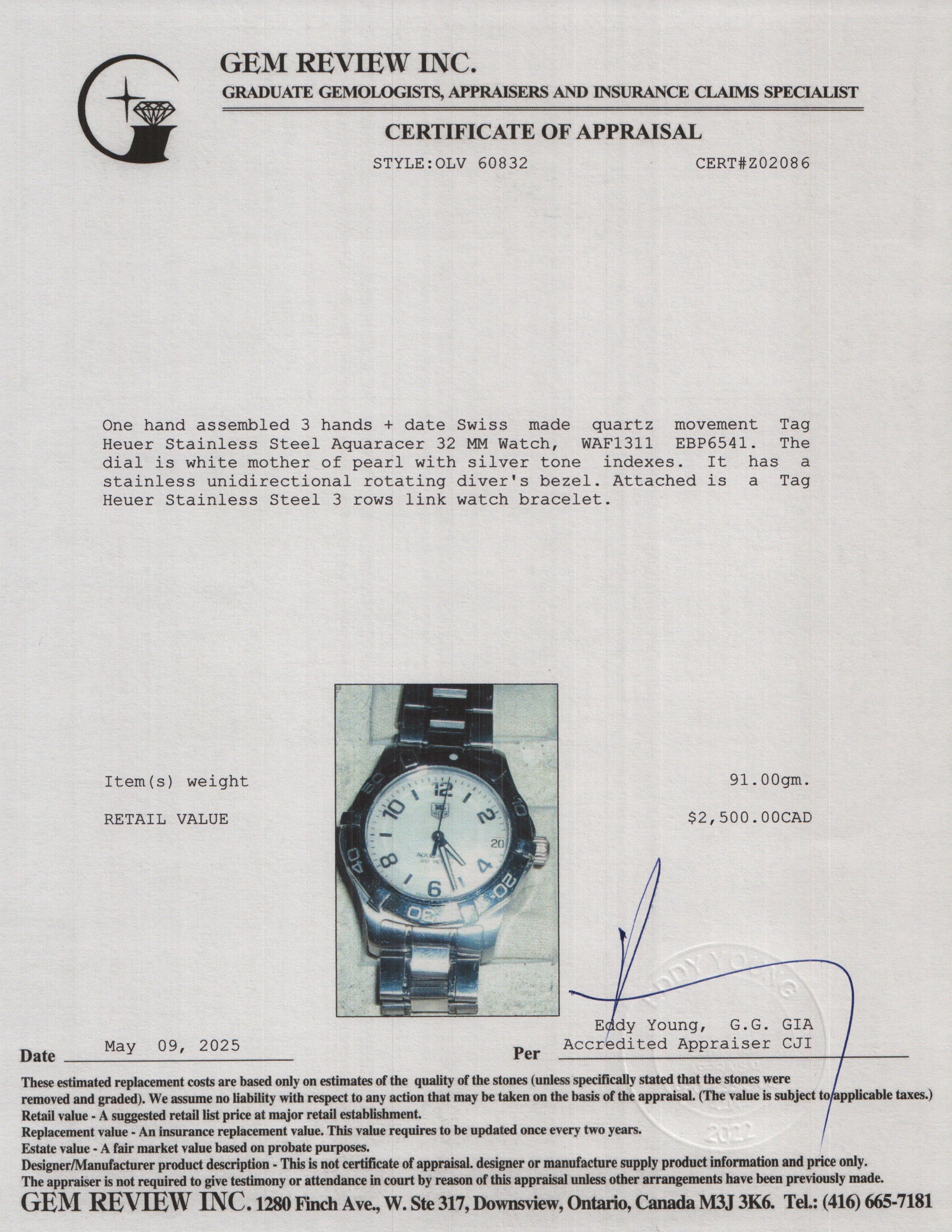 Tag Heuer Stainless Steel Aquaracer Mother of Pearl Dial 32 MM Watch WAF1311