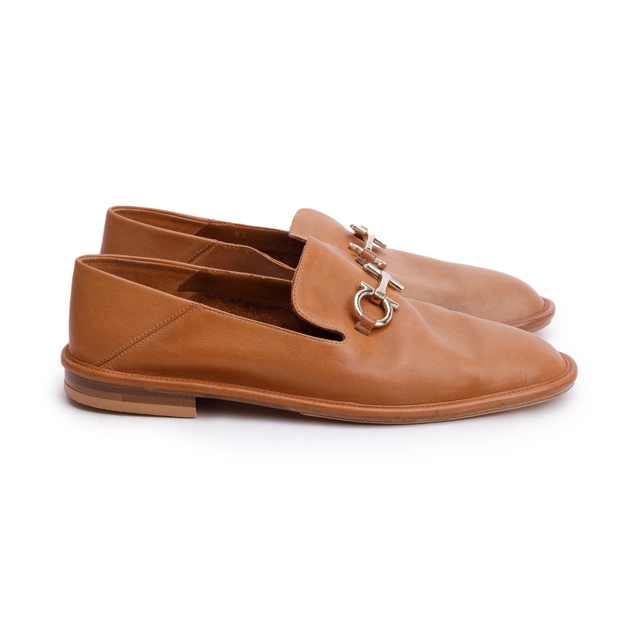 Salvatore Ferragamo Brown Leather Gancini Logo Accent Loafers, Size 36.5 w/ Box