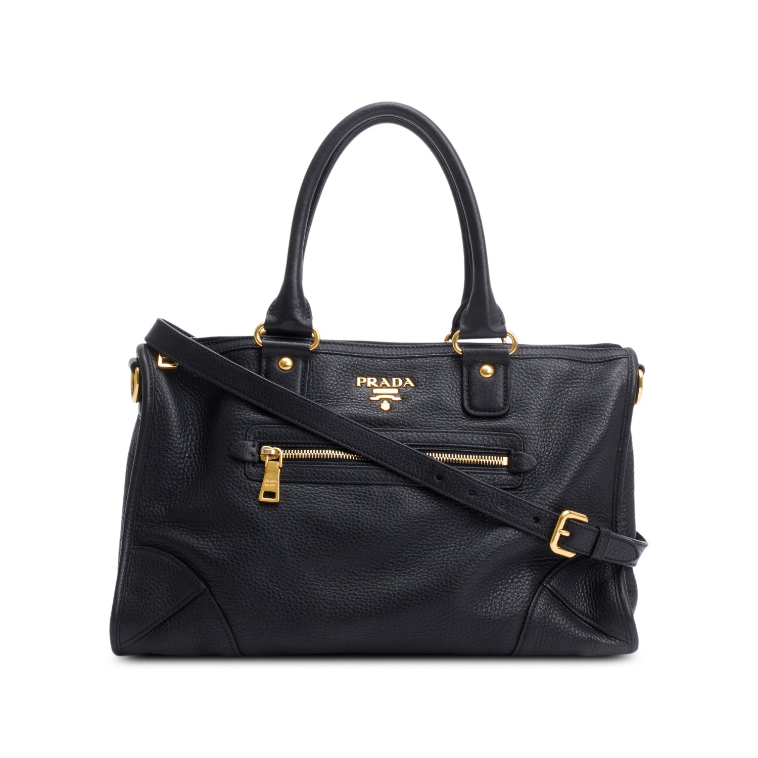 Prada Black Vitello Daino Leather Zip Convertible Tote w/ Strap