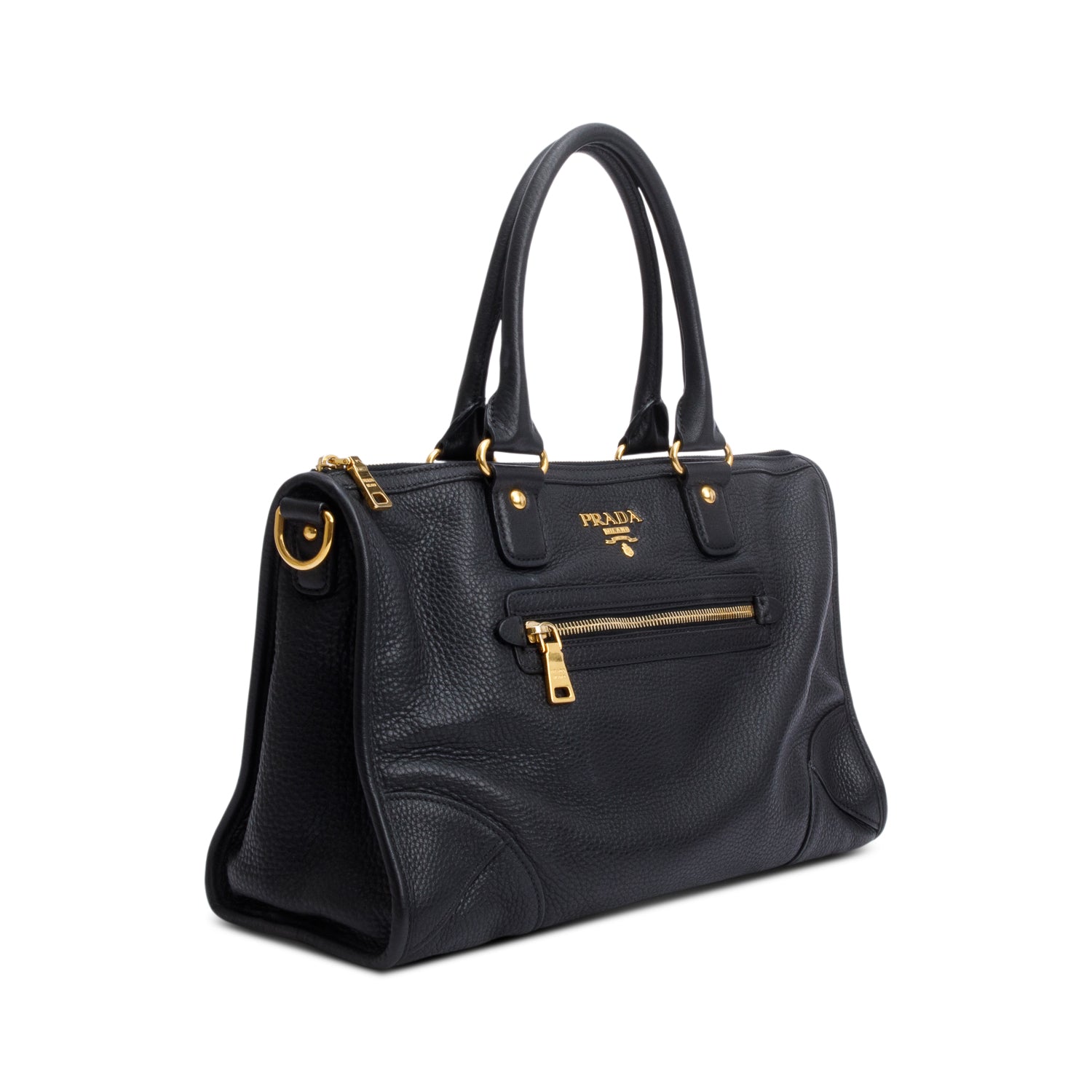 Prada Black Vitello Daino Leather Zip Convertible Tote w/ Strap