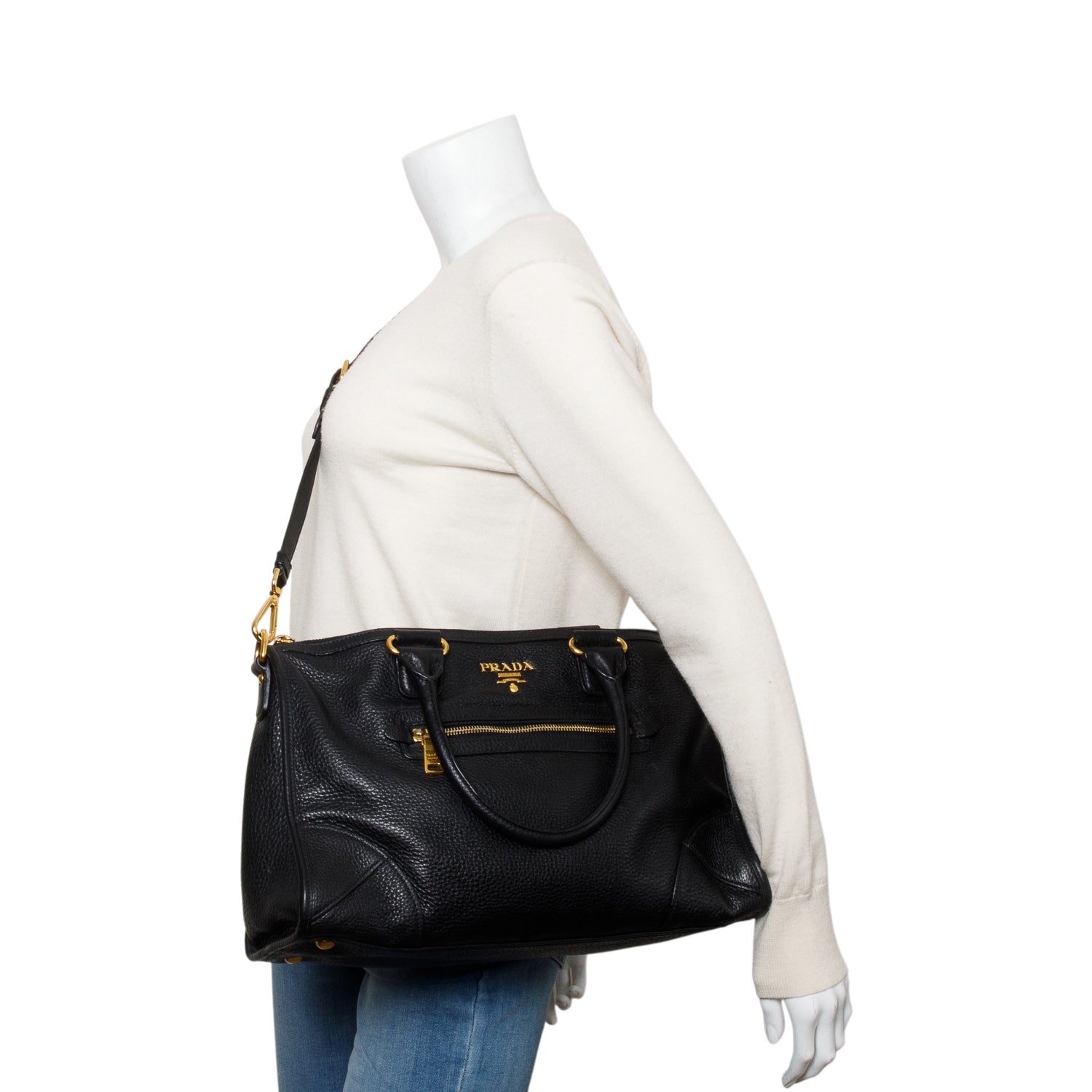 Prada Black Vitello Daino Leather Zip Convertible Tote w/ Strap