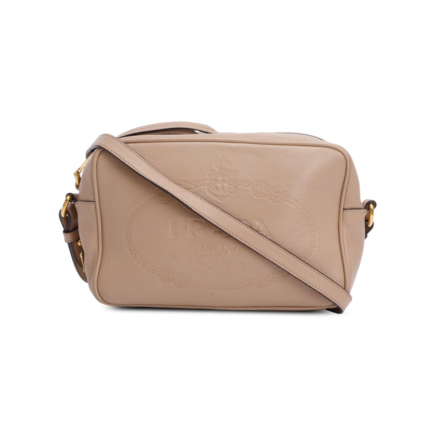 Prada Beige Glace Calf Leather Logo Camera Crossbody Bag w/ Authenticity Card