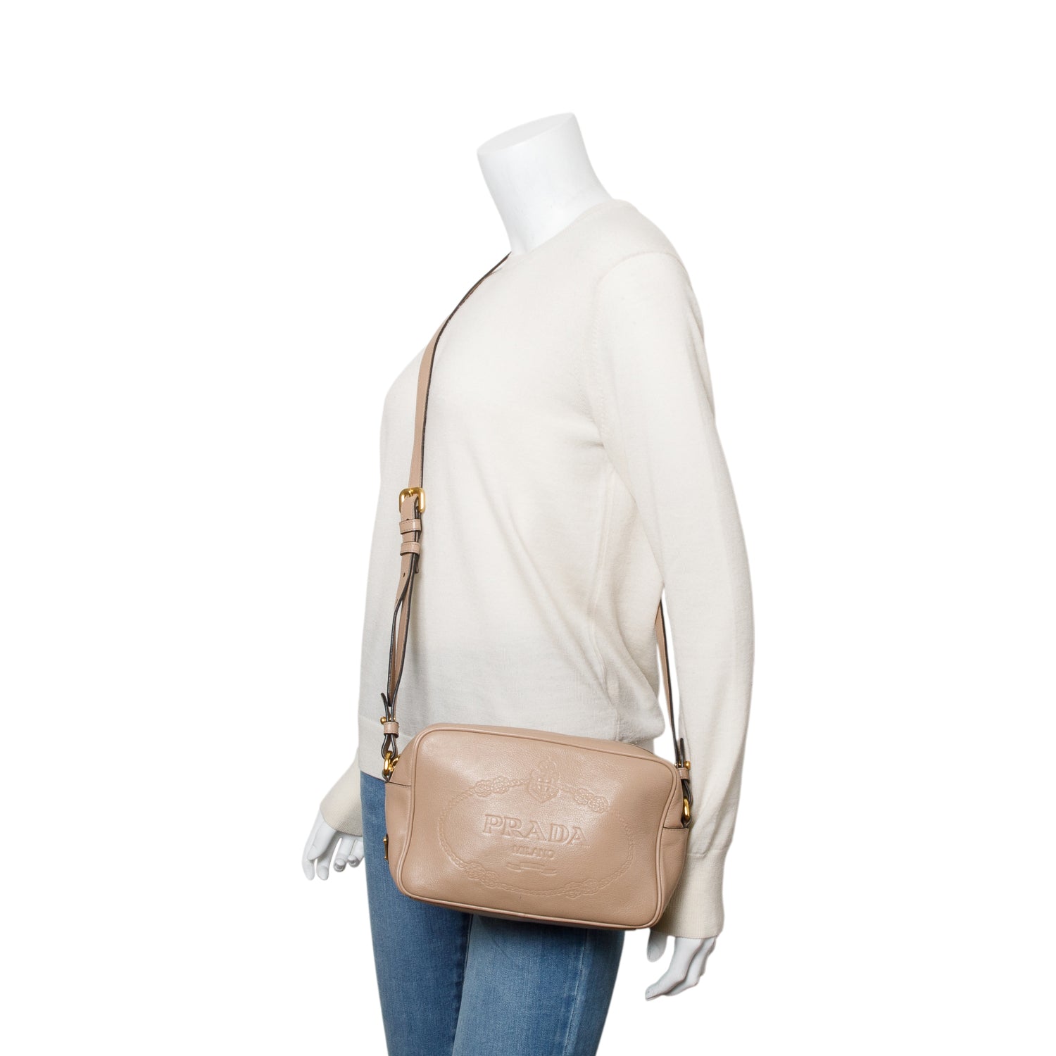 Prada Beige Glace Calf Leather Logo Camera Crossbody Bag w/ Authenticity Card