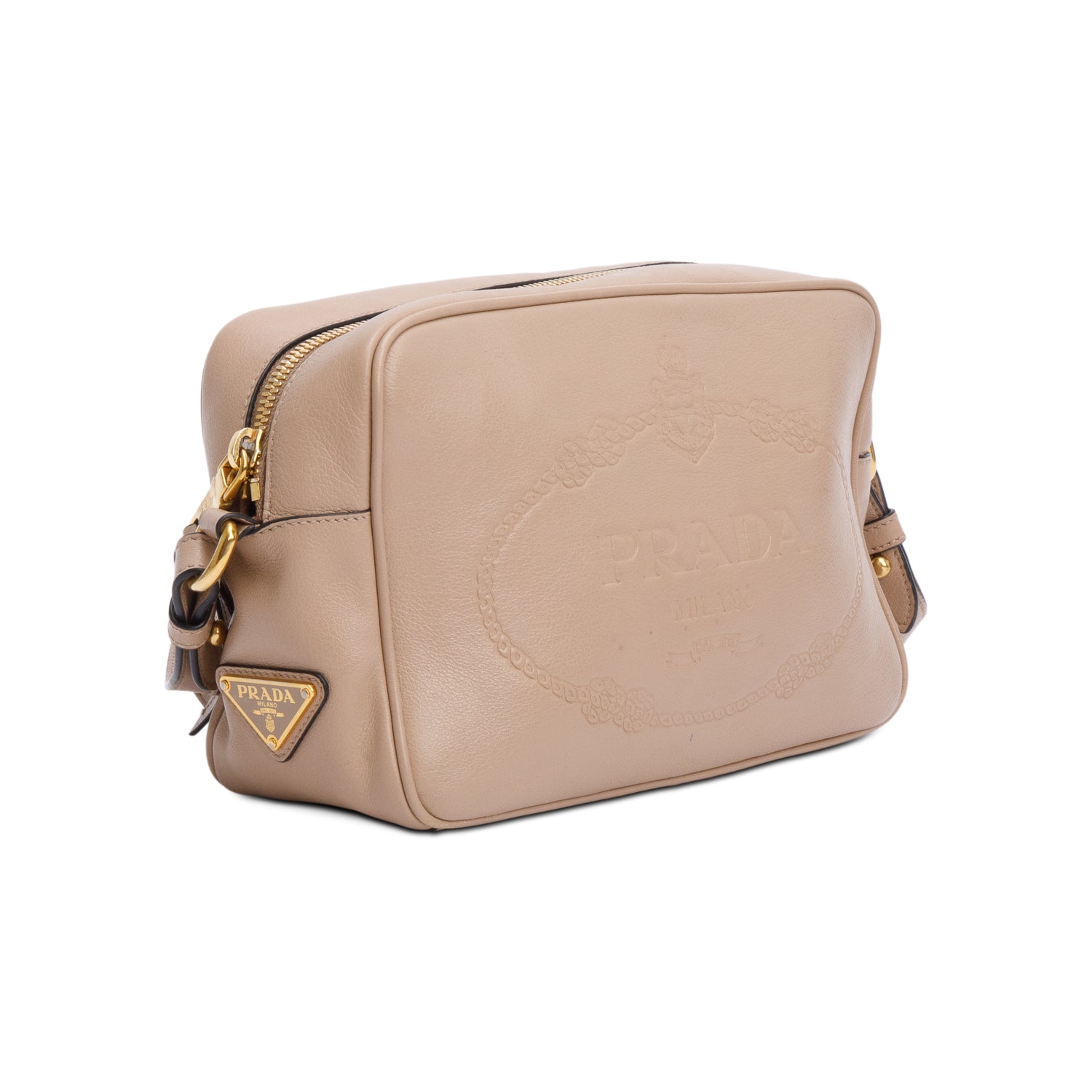 Prada Beige Glace Calf Leather Logo Camera Crossbody Bag w/ Authenticity Card