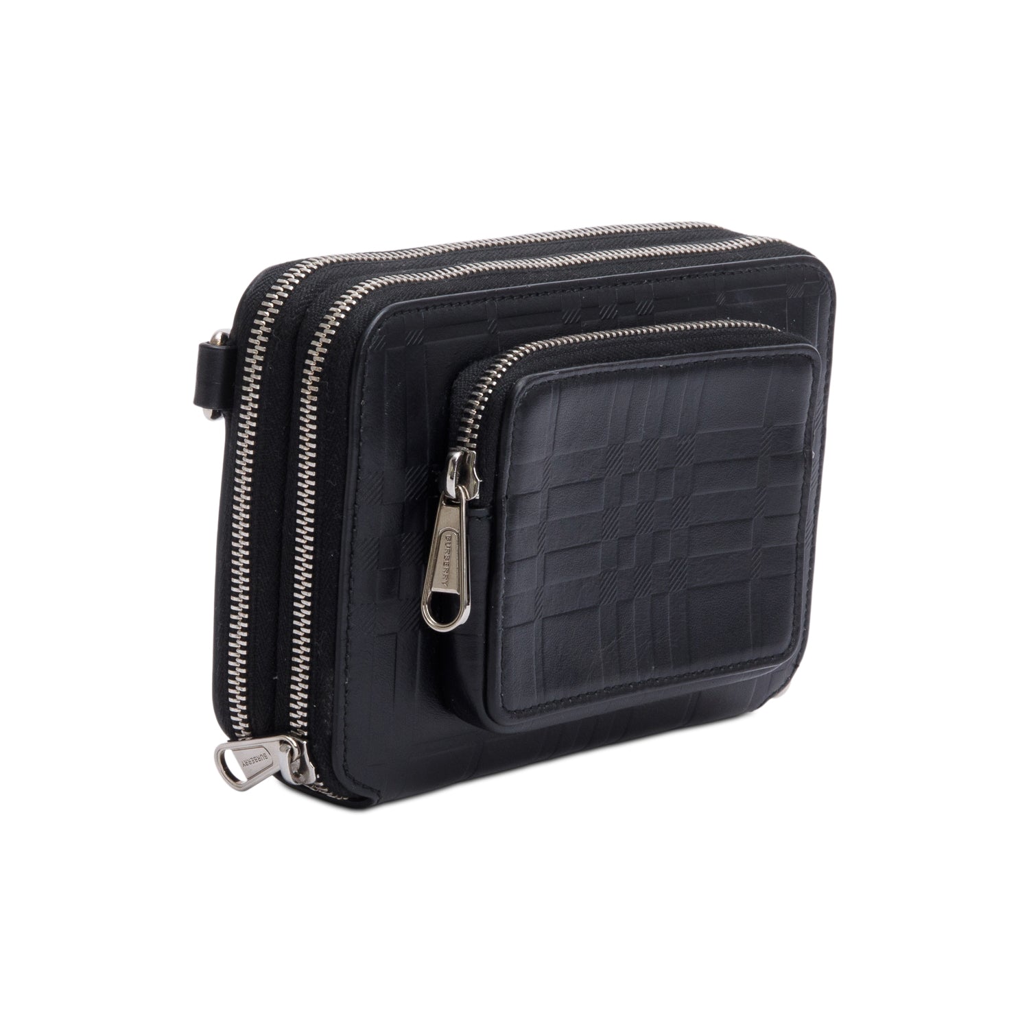 Burberry 2022 Black Check Embossed Calfskin Leather Double Zip Crossbody Bag w/ Receipt