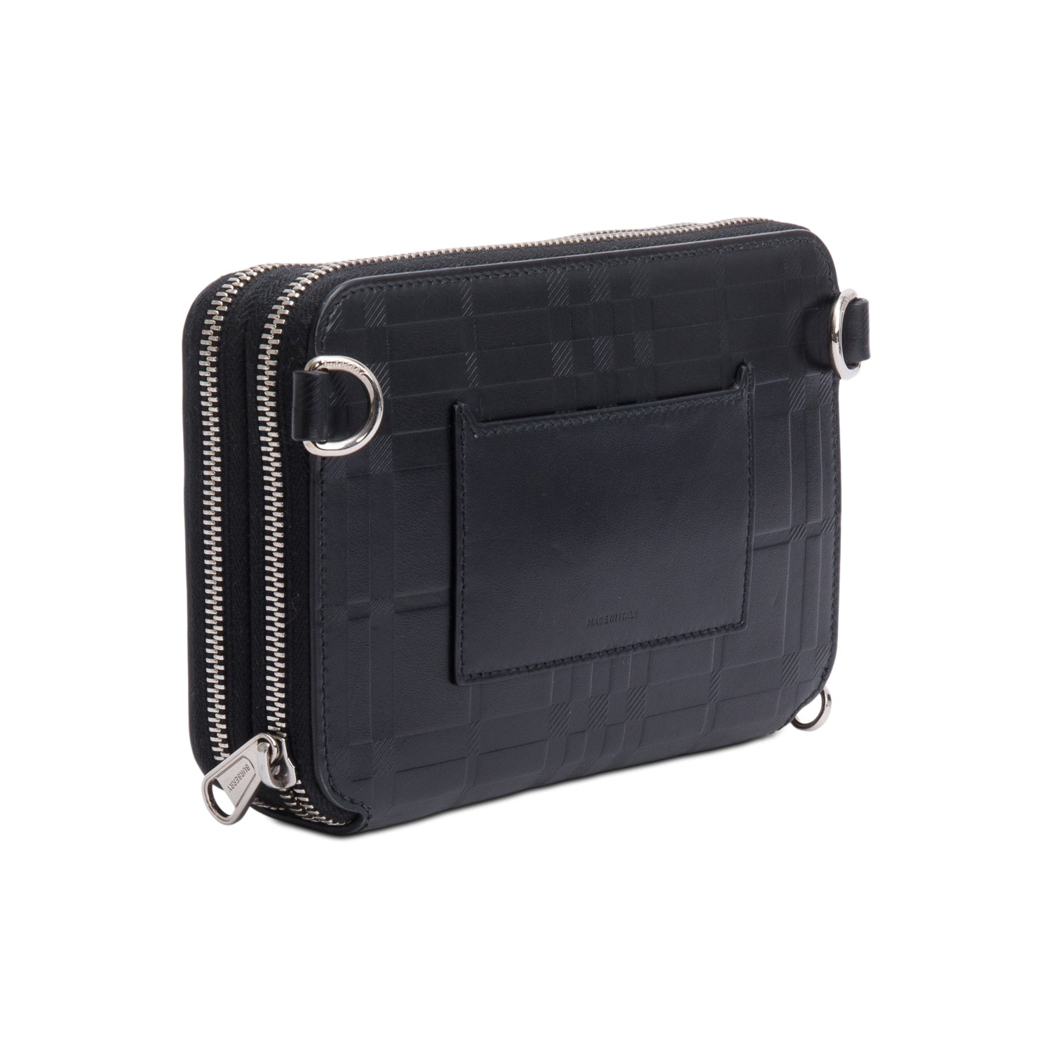 Burberry 2022 Black Check Embossed Calfskin Leather Double Zip Crossbody Bag w/ Receipt