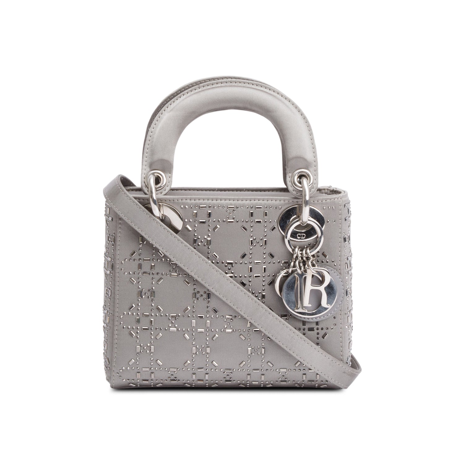 Christian Dior Grey Cannage Satin Crystal Embellished Mini Lady Dior Bag w/ Strap