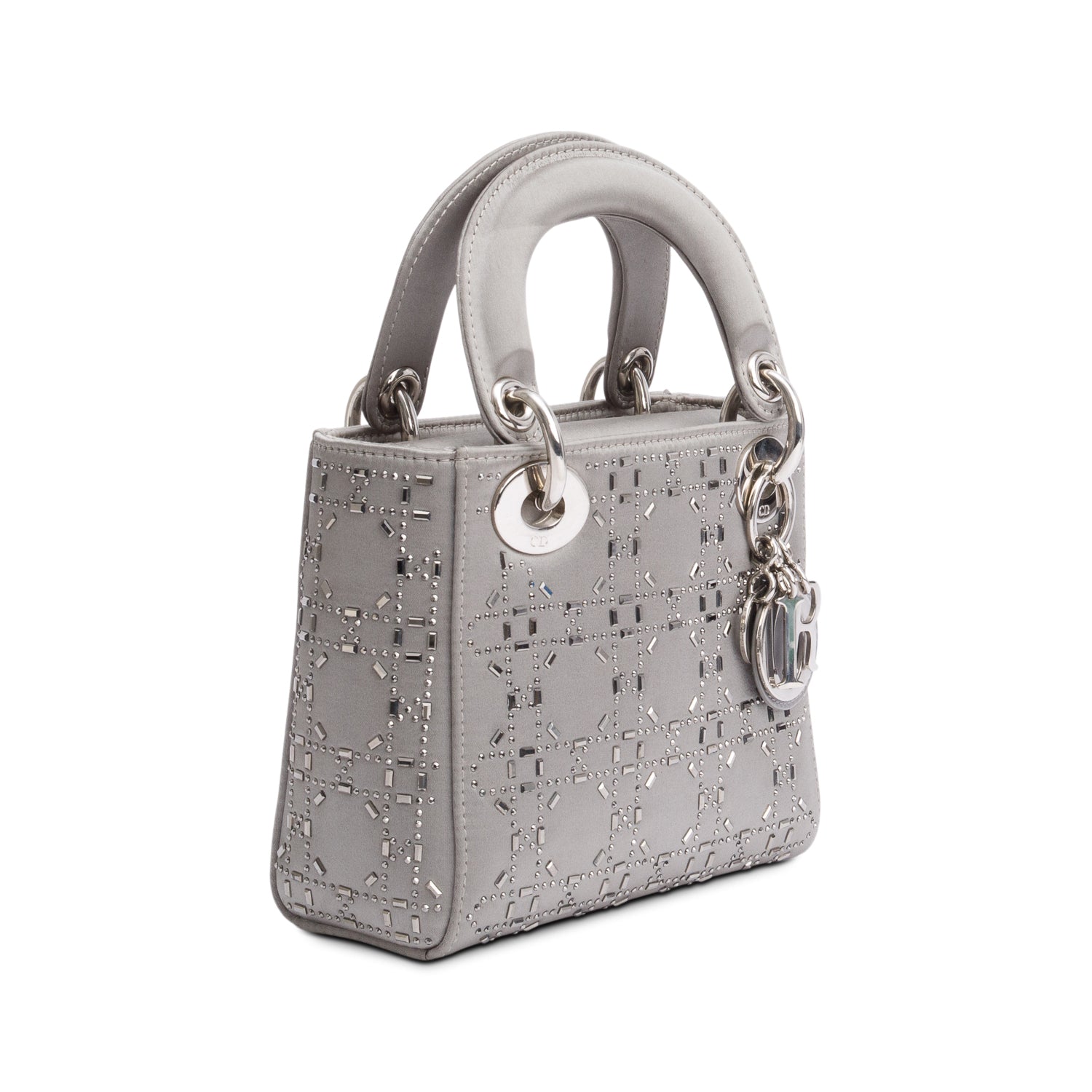 Christian Dior Grey Cannage Satin Crystal Embellished Mini Lady Dior Bag w/ Strap