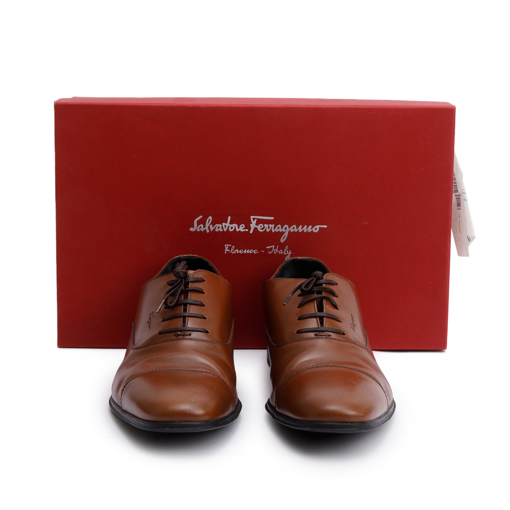 Salvatore Ferragamo Brown Leather Remigio Oxford Shoes, Size 7.5 w/ Box