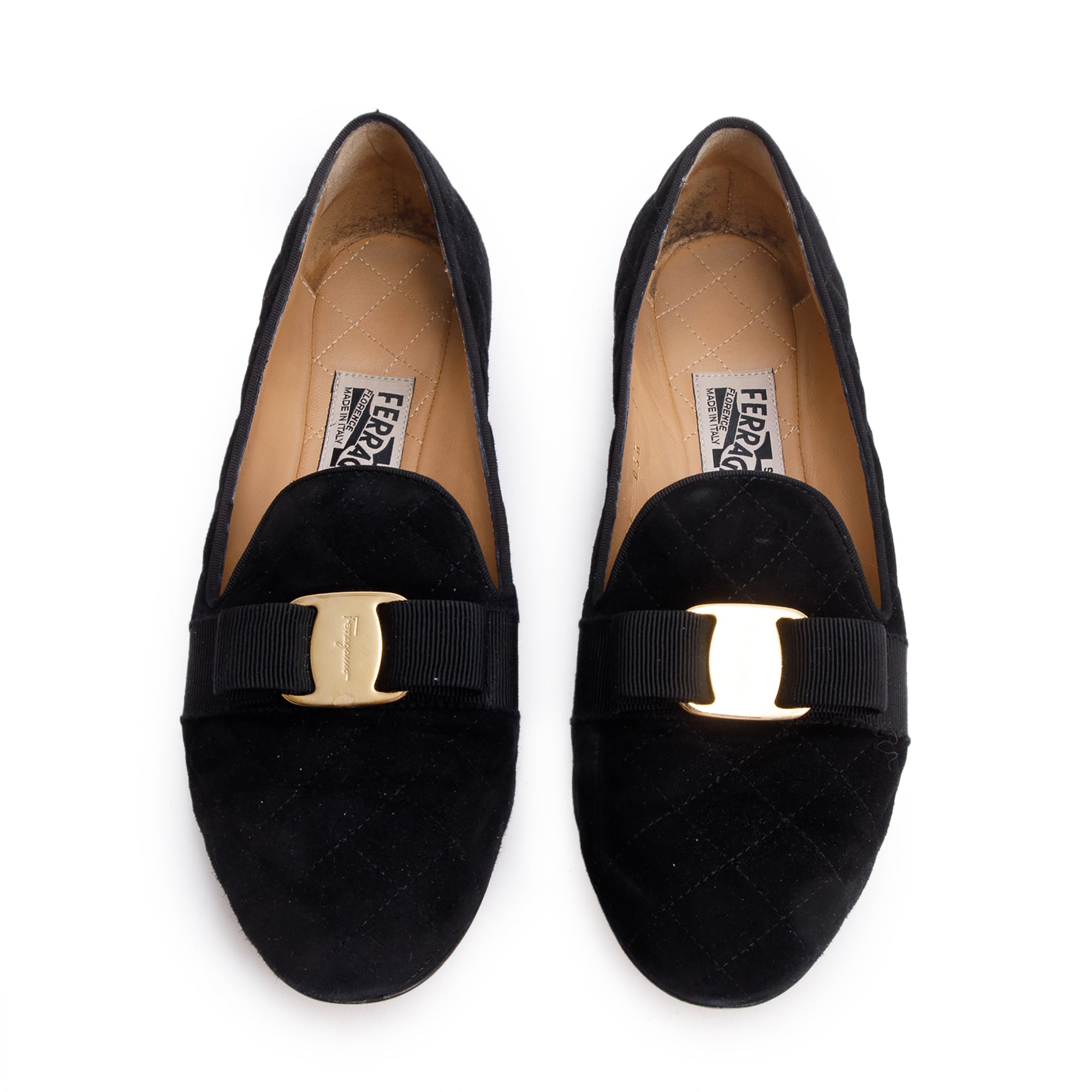 Salvatore Ferragamo Black Quilted Suede Scotty Loafers, Size 7.5 w/ Box
