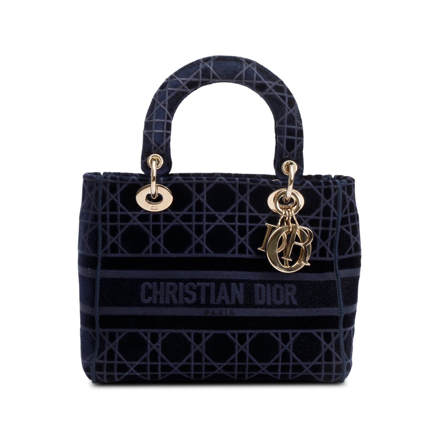 Christian Dior 2020 Navy Toile De Jouy Embroidery Medium Lady D-Lite Bag w/ Strap & Authenticity Card