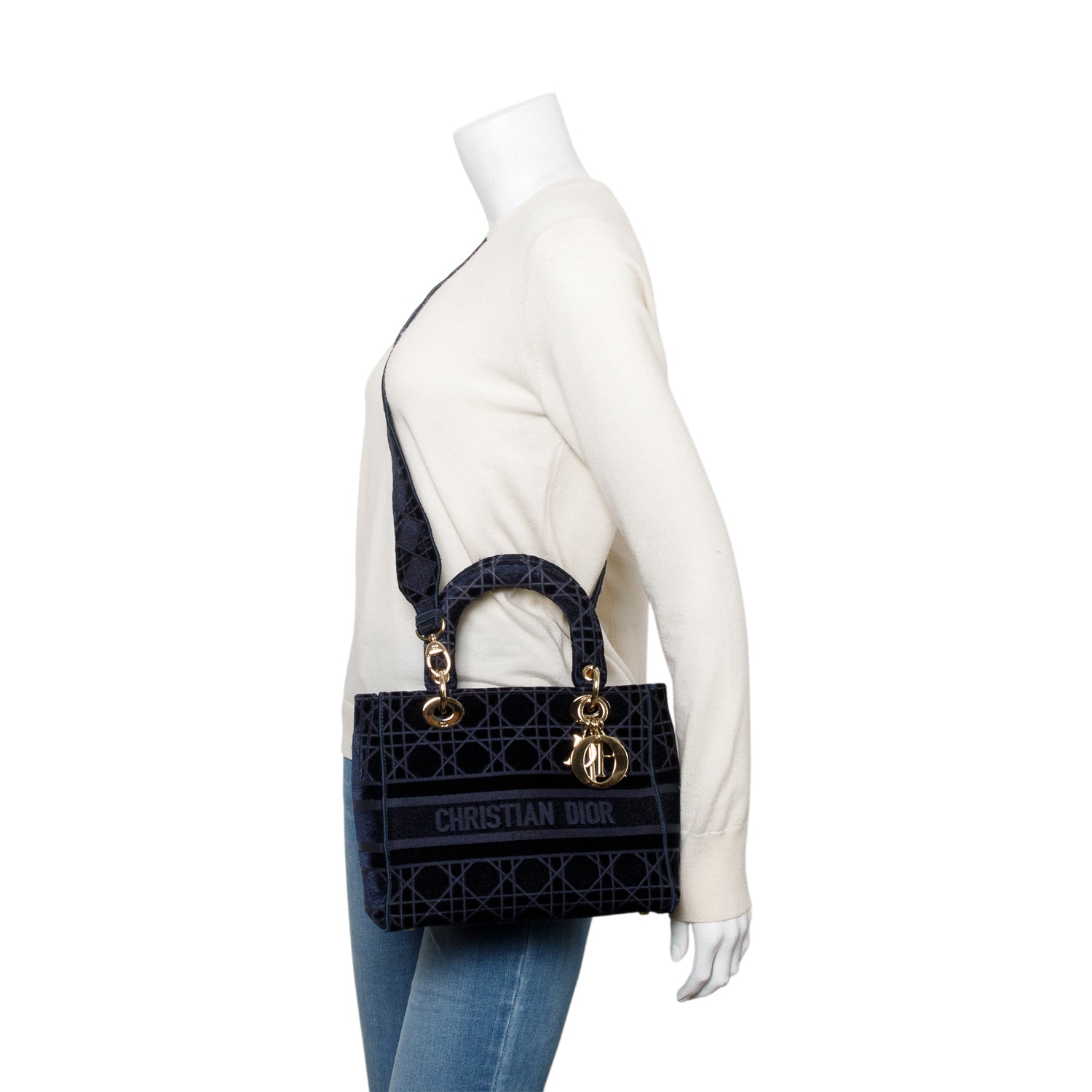 Christian Dior 2020 Navy Toile De Jouy Embroidery Medium Lady D-Lite Bag w/ Strap & Authenticity Card