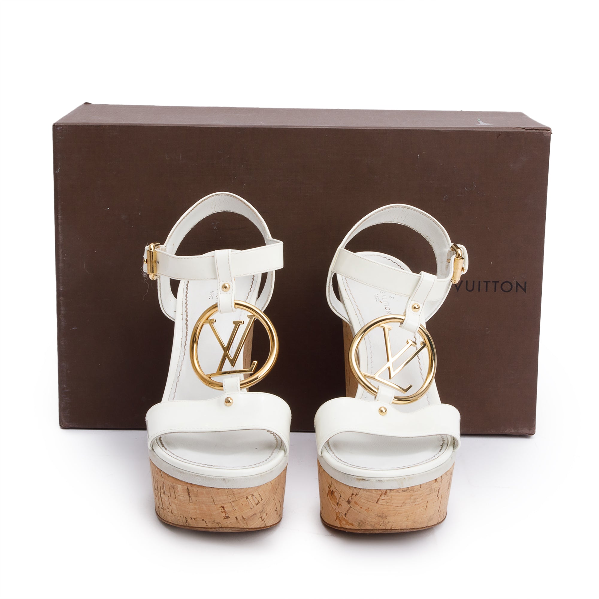 Louis Vuitton White Vernis Leather LV Logo Wedge Sandals, Size 36 w/ Box