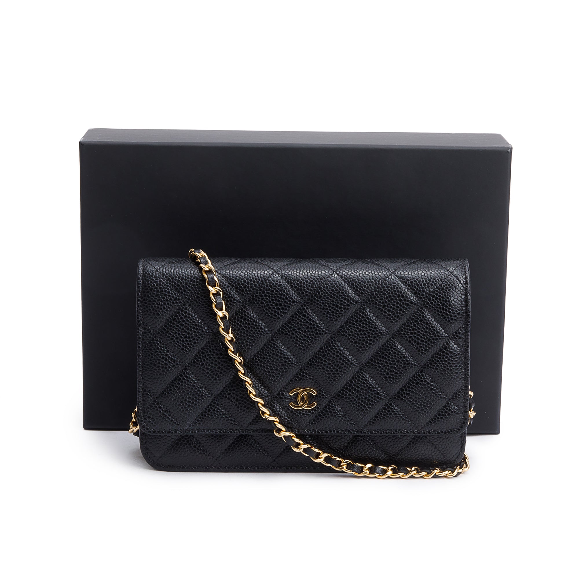 Chanel 2021 Black Quilted Caviar Leather Classic Wallet on Chain w/ Box & Receipt