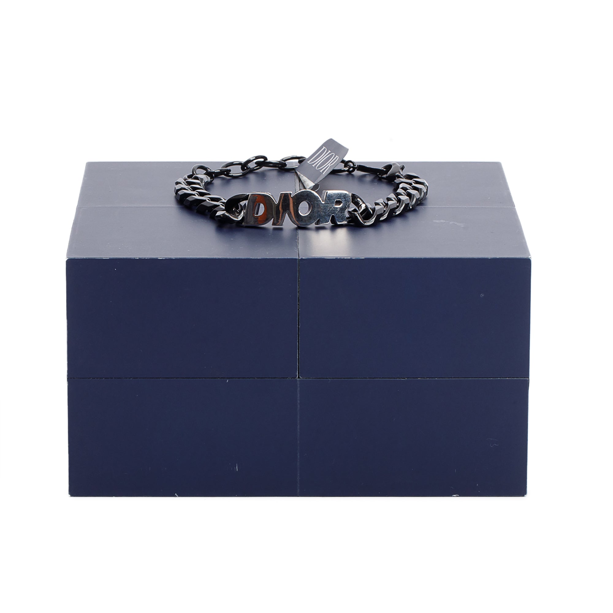 Christian Dior Silver Tone Metal Logo Black Brass Dior Italic Chain Bracelet w/ Box