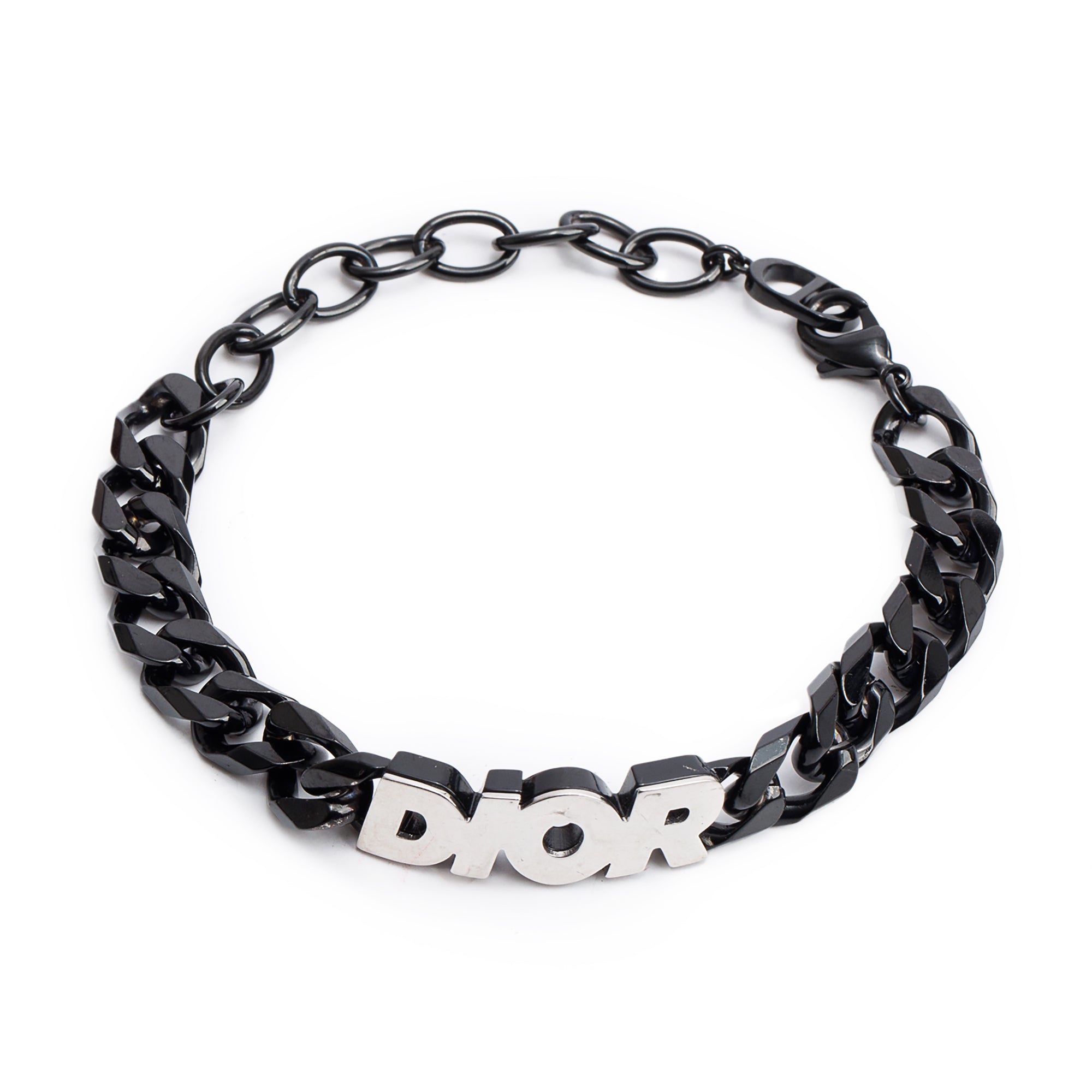 Christian Dior Silver Tone Metal Logo Black Brass Dior Italic Chain Bracelet w/ Box