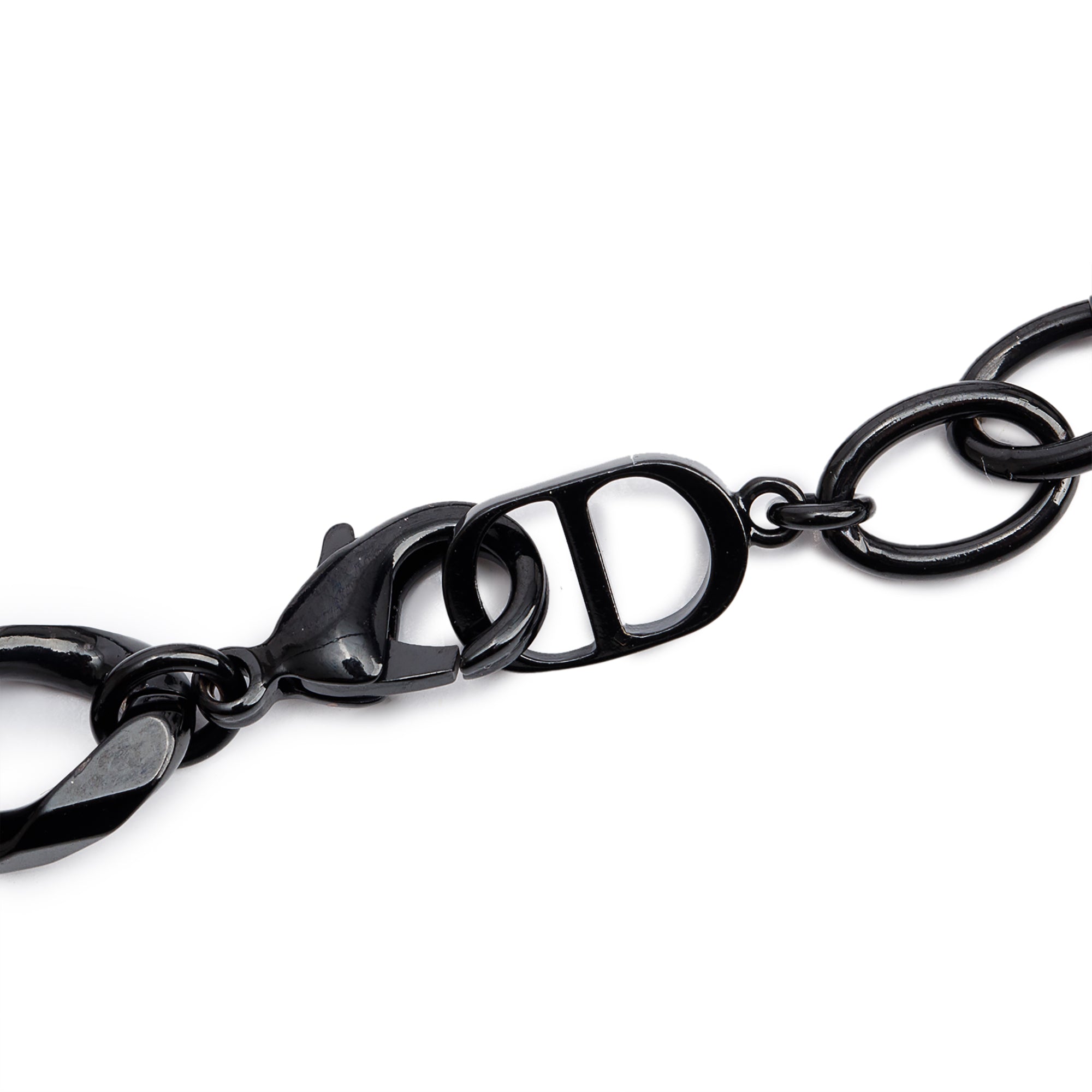 Christian Dior Silver Tone Metal Logo Black Brass Dior Italic Chain Bracelet w/ Box