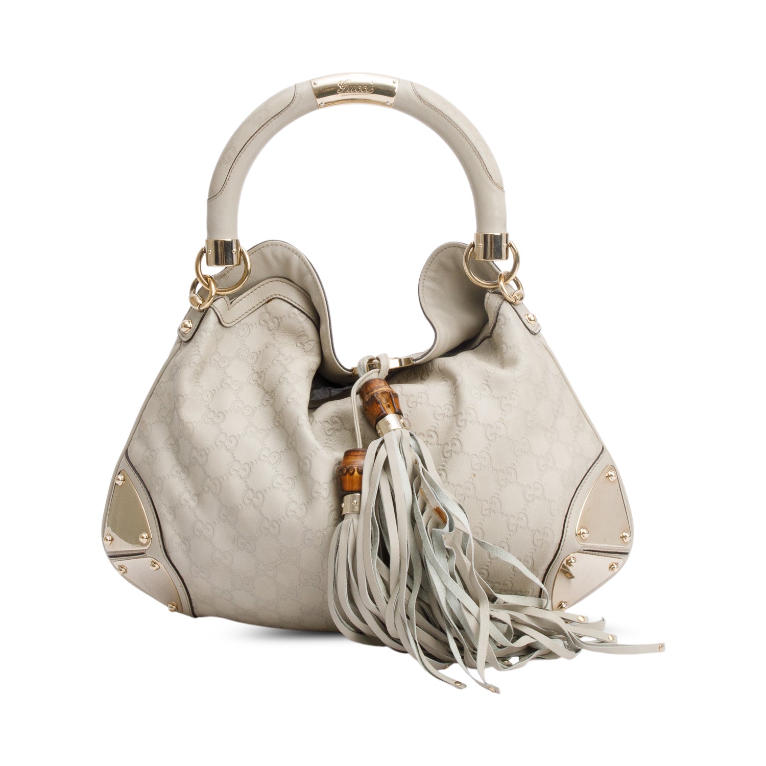 Gucci Ivory Guccissima Leather Medium Bamboo Indy Tassel Hobo w/ Strap