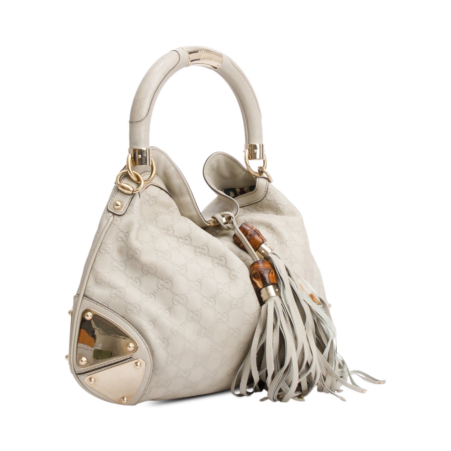 Gucci Ivory Guccissima Leather Medium Bamboo Indy Tassel Hobo w/ Strap