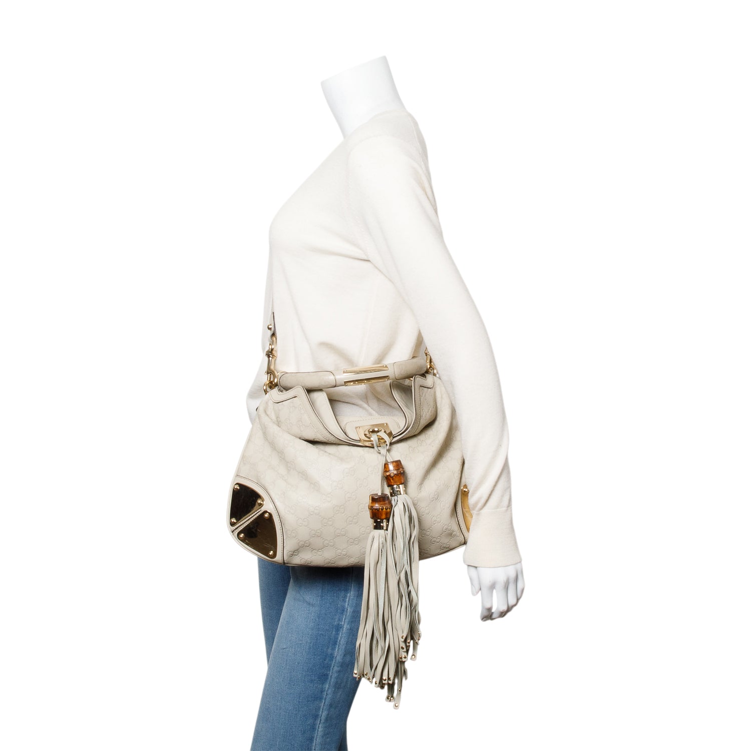 Gucci Ivory Guccissima Leather Medium Bamboo Indy Tassel Hobo w/ Strap