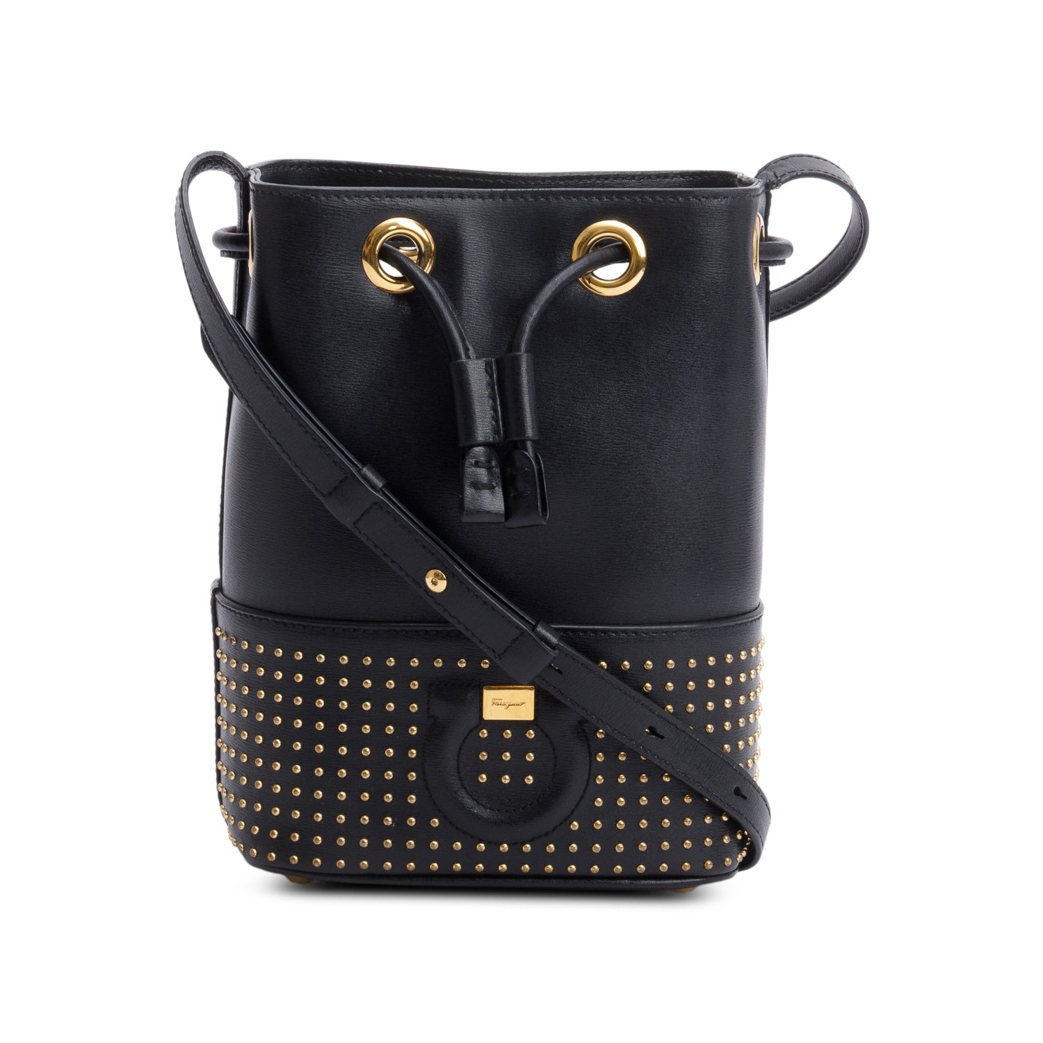 Ferragamo Black Leather Studded Bucket Crossbody Bag