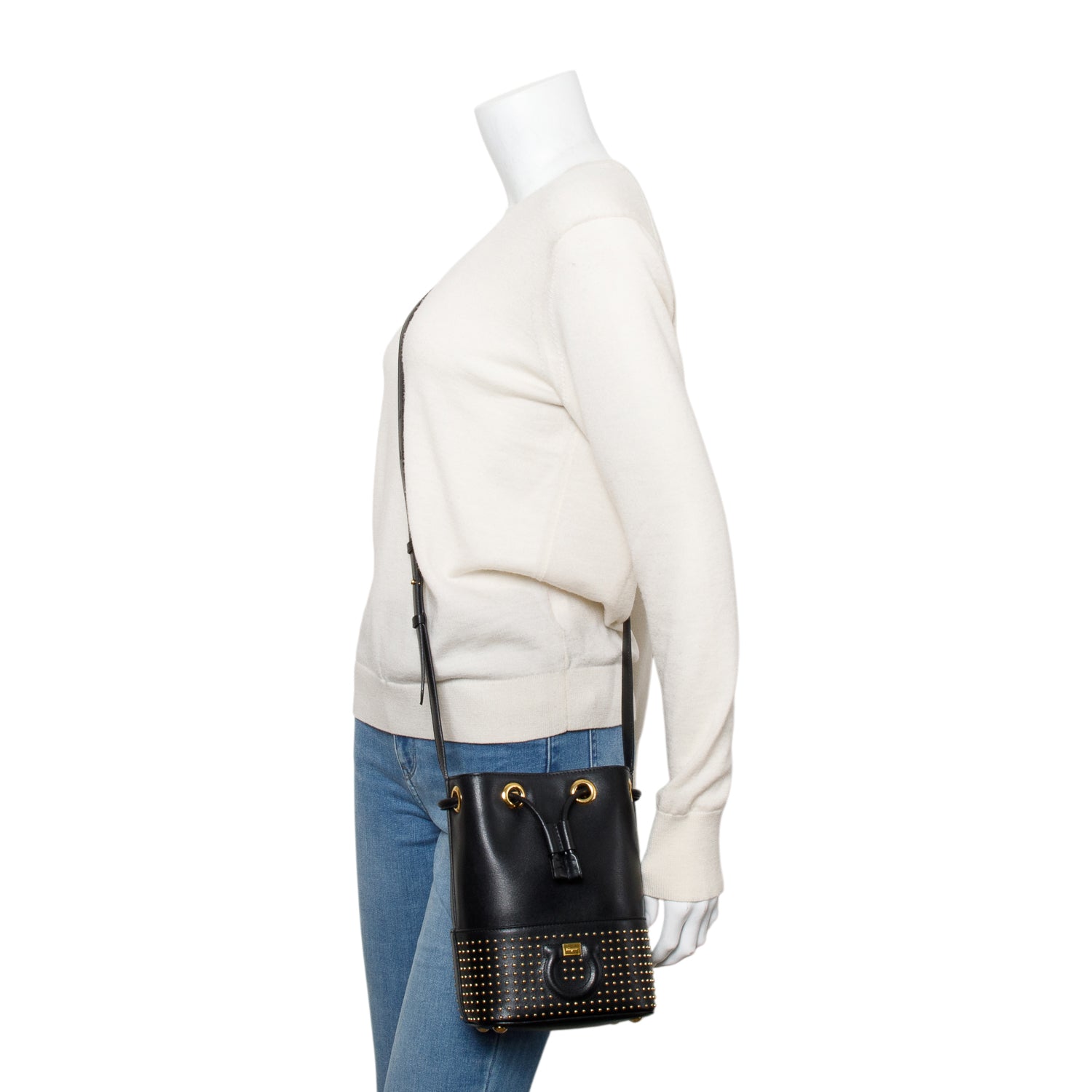 Ferragamo Black Leather Studded Bucket Crossbody Bag