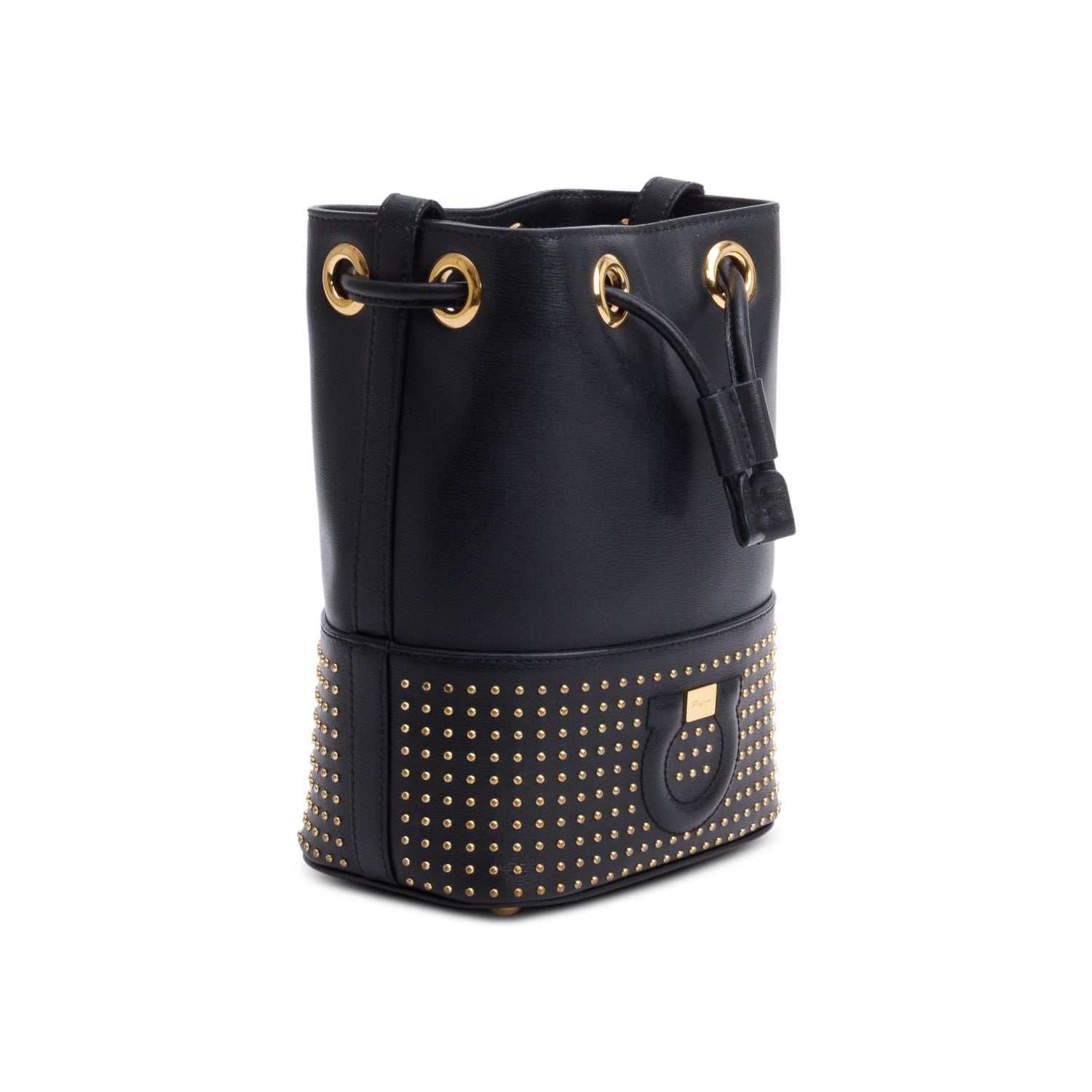 Ferragamo Black Leather Studded Bucket Crossbody Bag