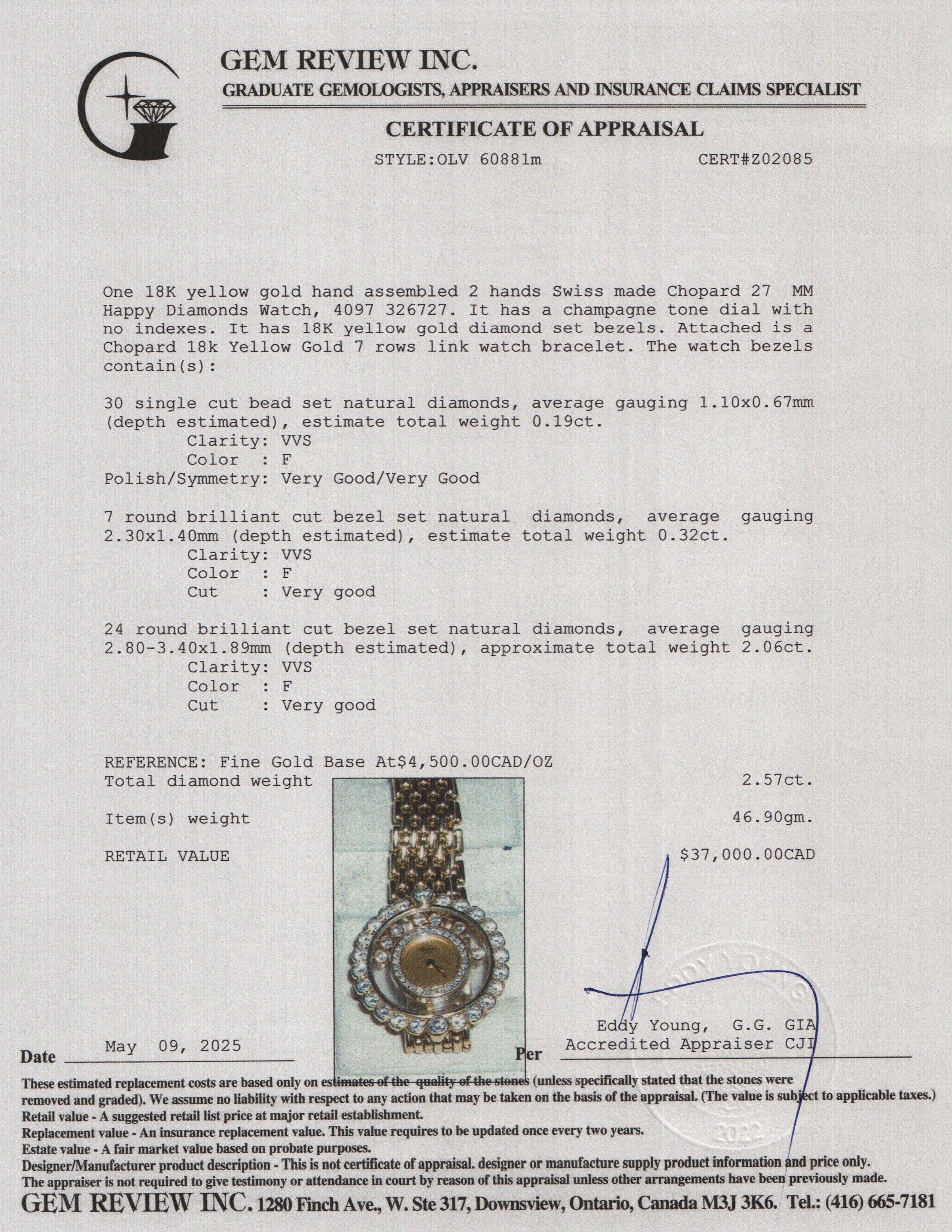 Chopard 18k Yellow Gold Diamond 27 MM Happy Diamonds Watch 4097