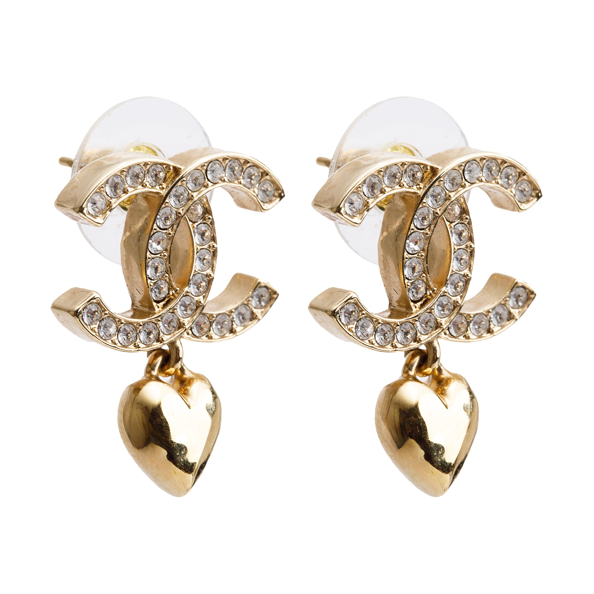 Chanel 2024 Gold Plated Strass CC Heart Drop Earrings w/ Box