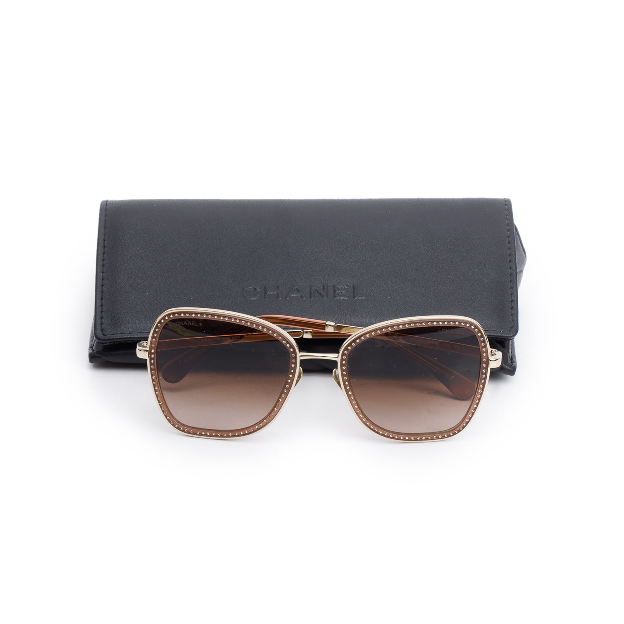 Chanel 4277-B Gold Tone Metal Frame Crystal Accent Square Sunglasses w/ Case